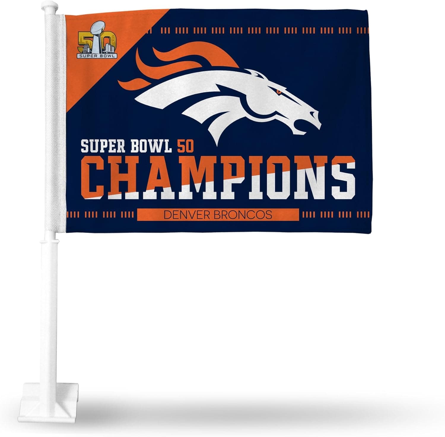 Rico Industries NFL Denver Broncos Super Bowl 50 Champions Car Flag,19-Inch Pole,Blue