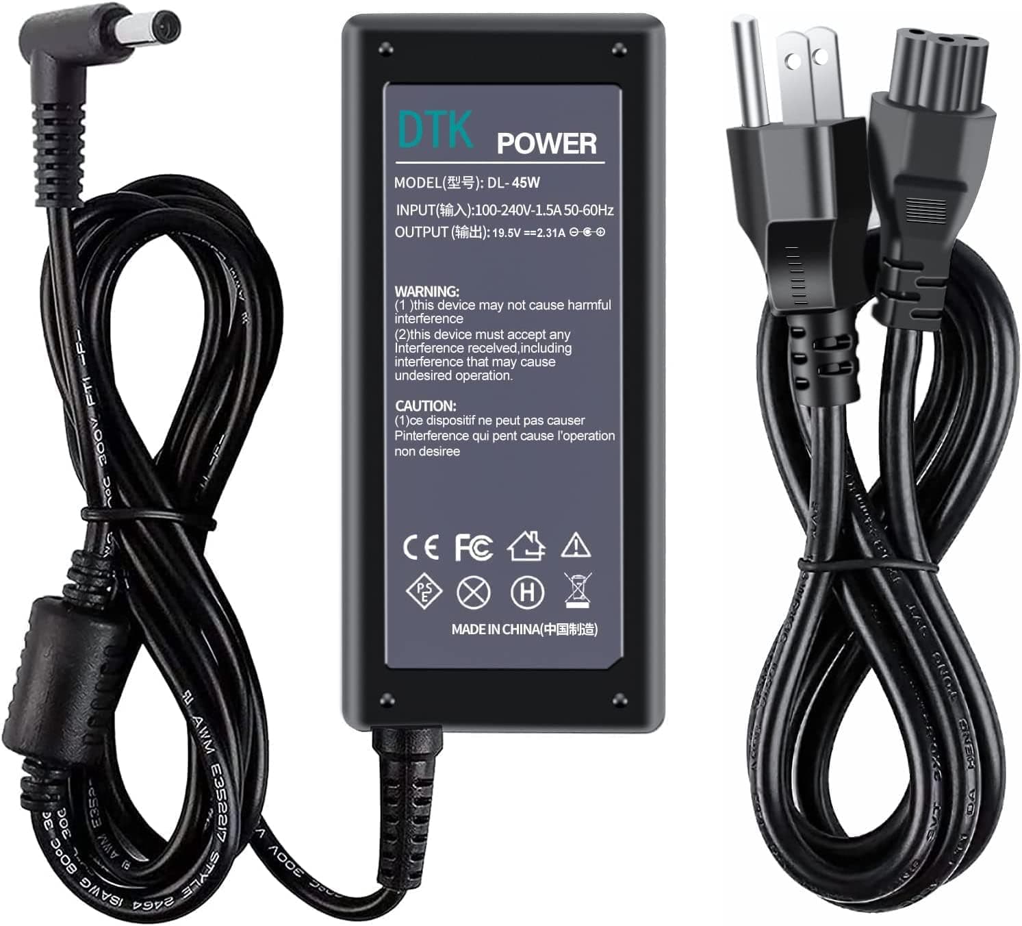 DTK 19.5V 2.31A 45W Dell Laptop Charger Computer Ac Adapter Power Cord for Dell Chromebook Tab Connector Size: 4.5x3.0MM (NOT fit7.4X5.0MM)