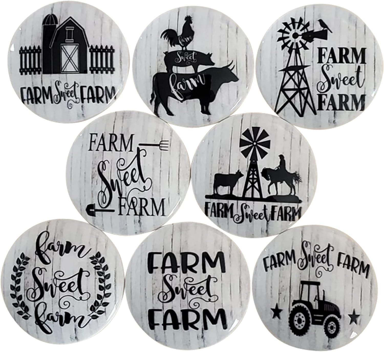 Twisted R Design Wooden Cabinet Knobs - Set of 8 Black and White Farmhouse Wood Cabinet Knobs- Farm Sweet Farm Drawer Knobs with Brass Insert - 1.5 x 1.5 Inches
