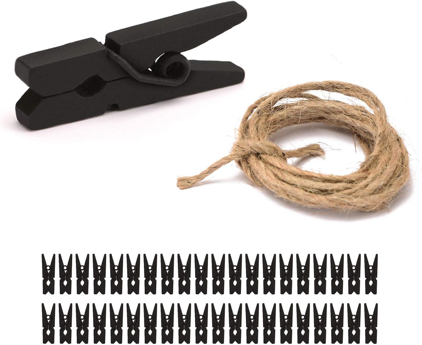 KarlunKoy Mini Wood Clothespins 1inch Photo Peg Pin Graft Clips Decorative Craft Clip with Natural Jute Twine 6.5 Feet 40 Pack (Black)
