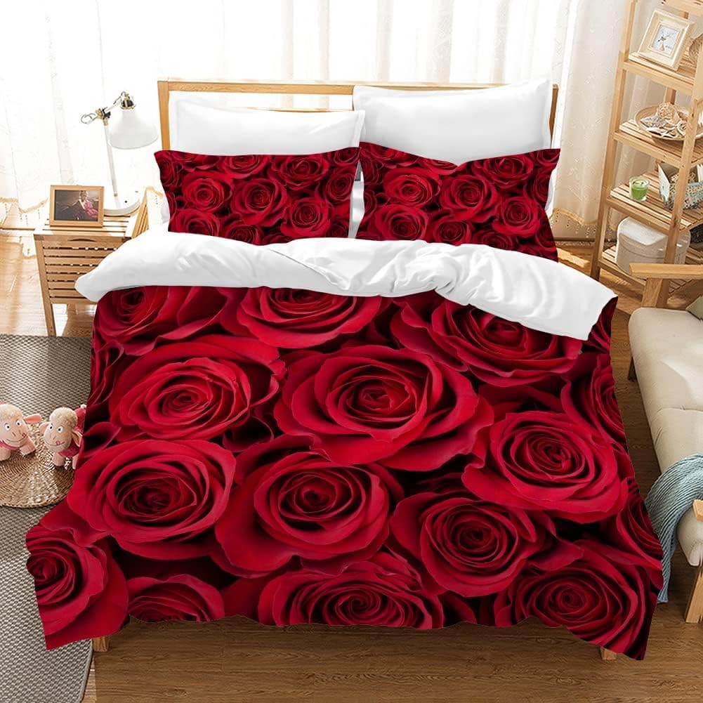 Rose Duvet Cover Bedding Set Queen Size Flower Love Print Quilt Cover with 2 Pillowcase Set, Duvet Cover Set for for Valentine's Day, Mother's Day, Daily Bedding 90"x90", Red Roses