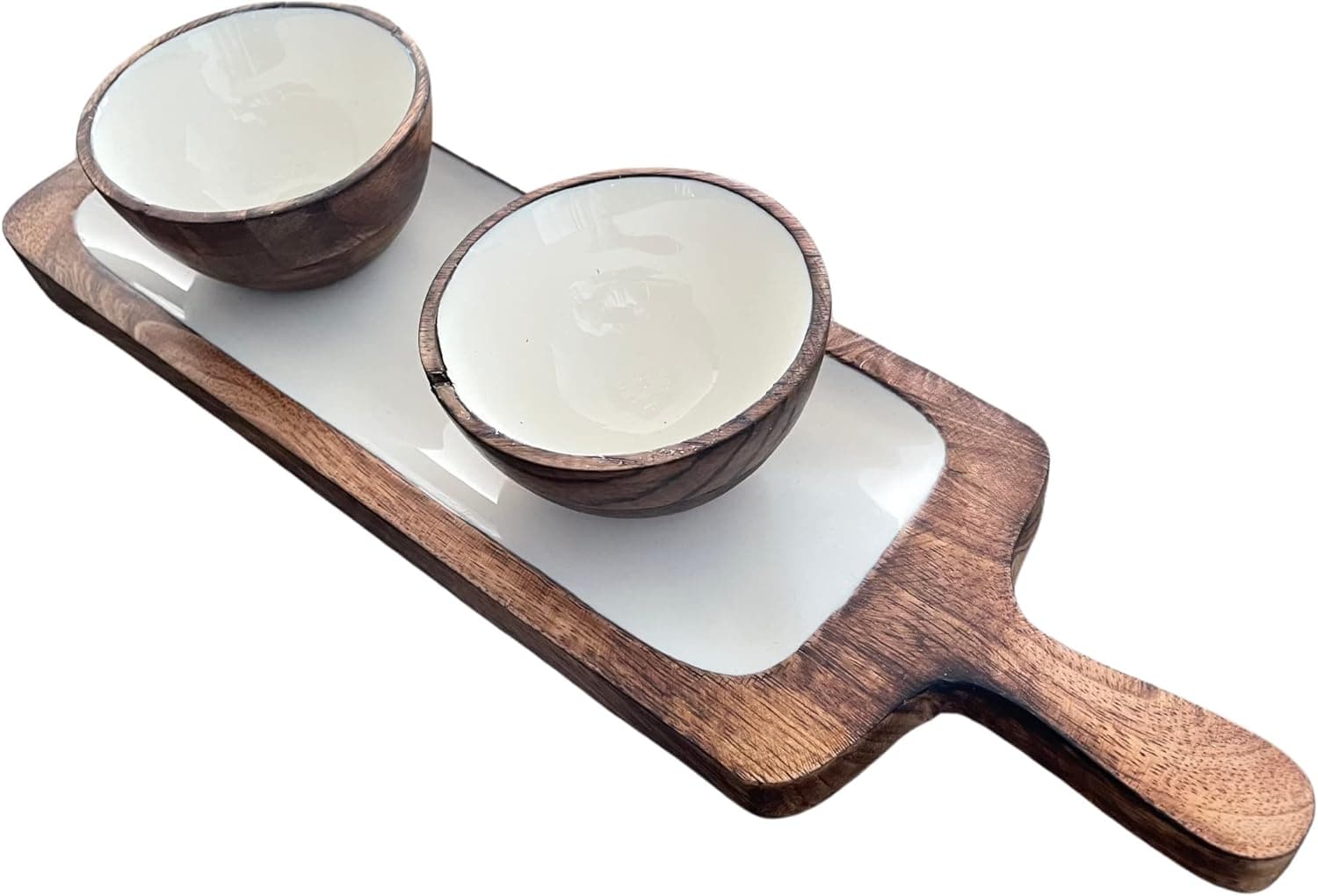 Wooden Serving Tray with Handle, 2 Mango Wood Dipping Bowls. Home Décor Serveware Board Ideal for Charcuterie, Dips, Nachos, Fruits, Snacks and Nuts. Size 16 ″x 4″ x 1″