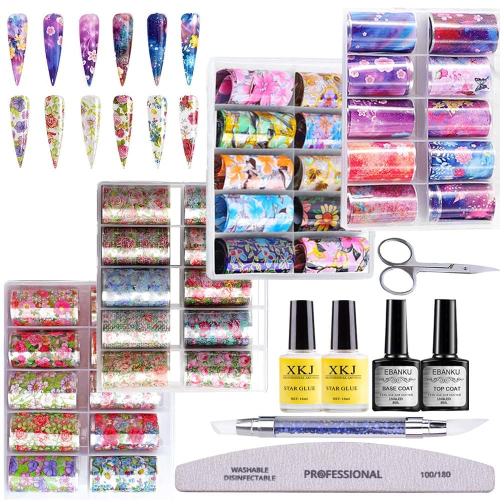 EBANKU 40 Color Flower Starry Sky Star Foil Nail Stickers Set with Nail Art Foil Glue Gel, Holographic Nail Transfer Stickers Transfer Decals DIY Nail Decoration Kit, UV LED Lamp Required