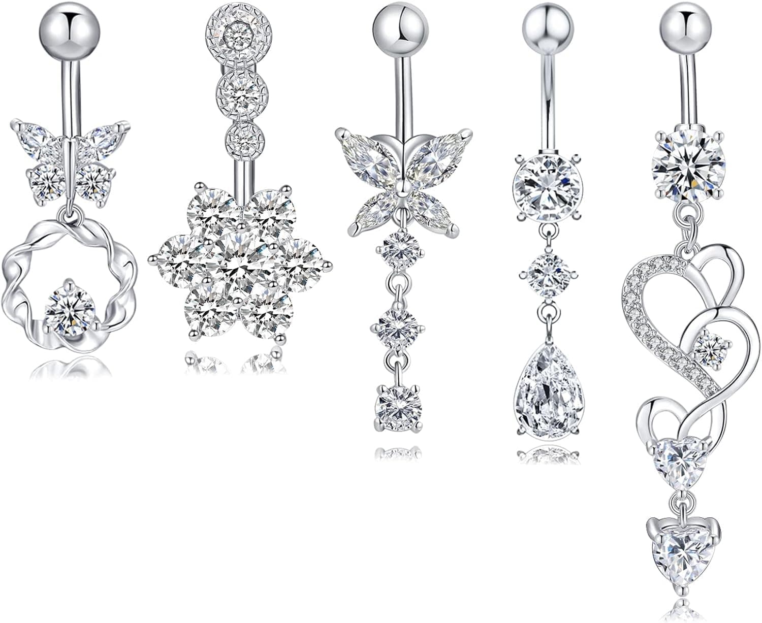 Butterfly Belly Button Rings Surgical Steel Belly Button Rings Butterflies CZ Dangle Belly Button Rings For Women, Stainless Steel Belly Button Rings 316 L Belly Button Piercing For Girls (4 PCS)
