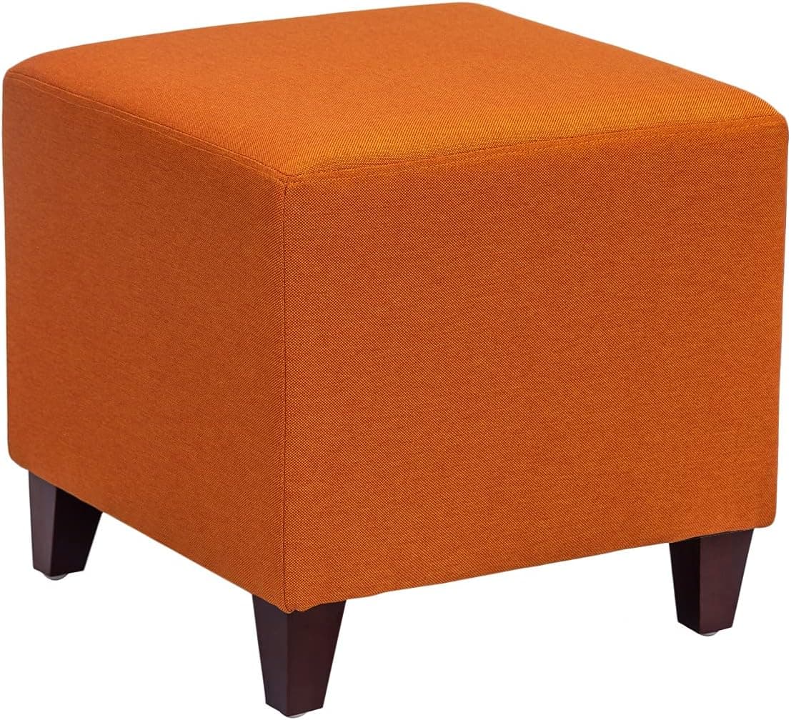 Edeco Square Ottoman Fabric Footrest Stool with Wooden Legs, Orange