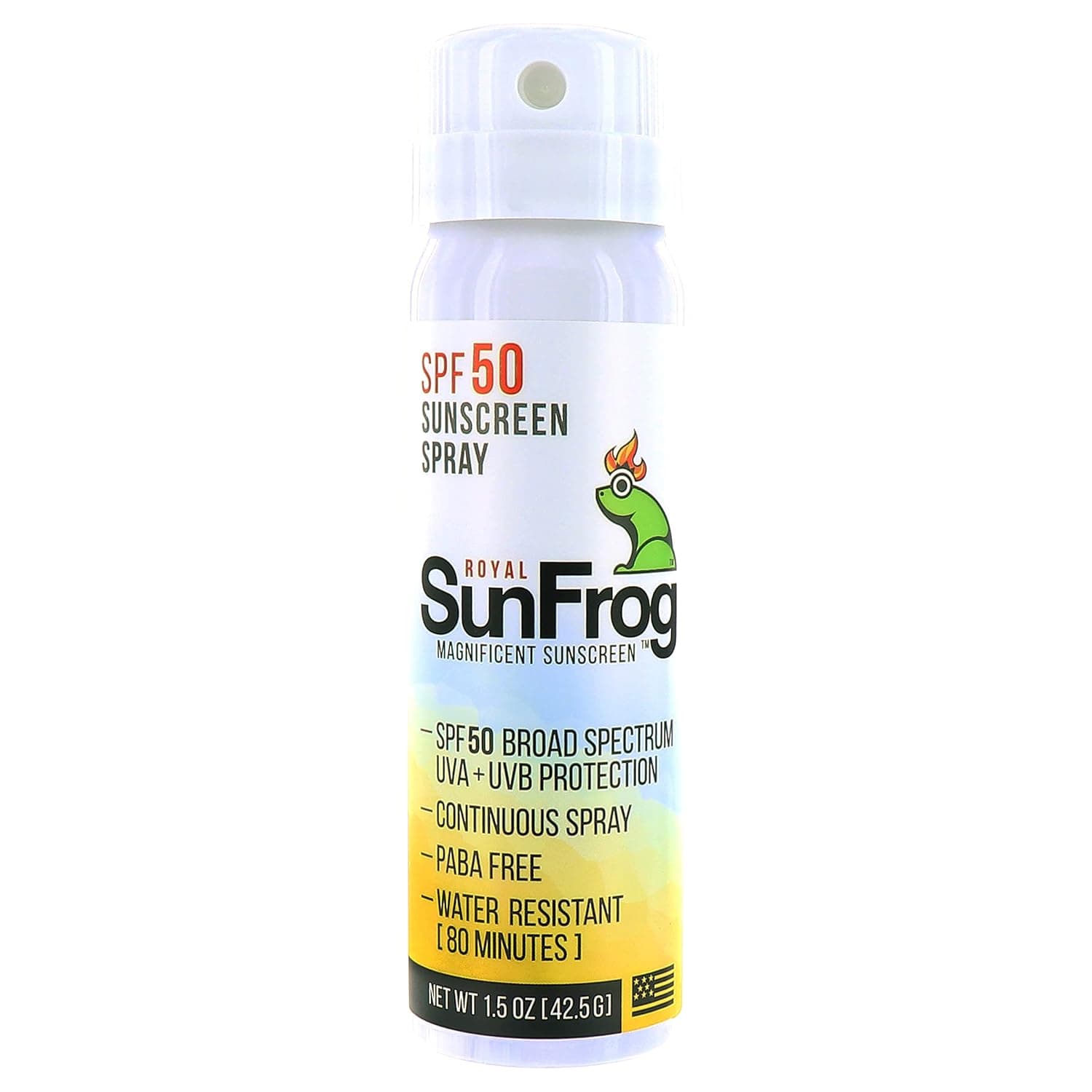 Royal SunFrog | SPF-50 Sunscreen - Continuous Spray | Broad Spectrum UVA + UVB, PABA-Free, Water Resistant for 80 Minutes | with Vitamin E and Aloe | for Face and Body (1.5oz/42.5g) - 1 count