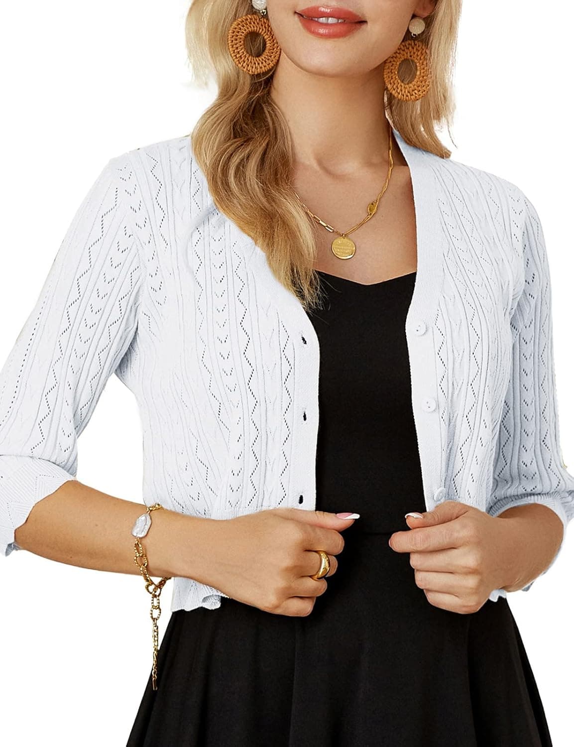 GRACE KARIN Women Cropped Cardigan Shrugs for Dresses Sweater Hollow Out Knit 1/2 Sleeve Lightweight Button Down
