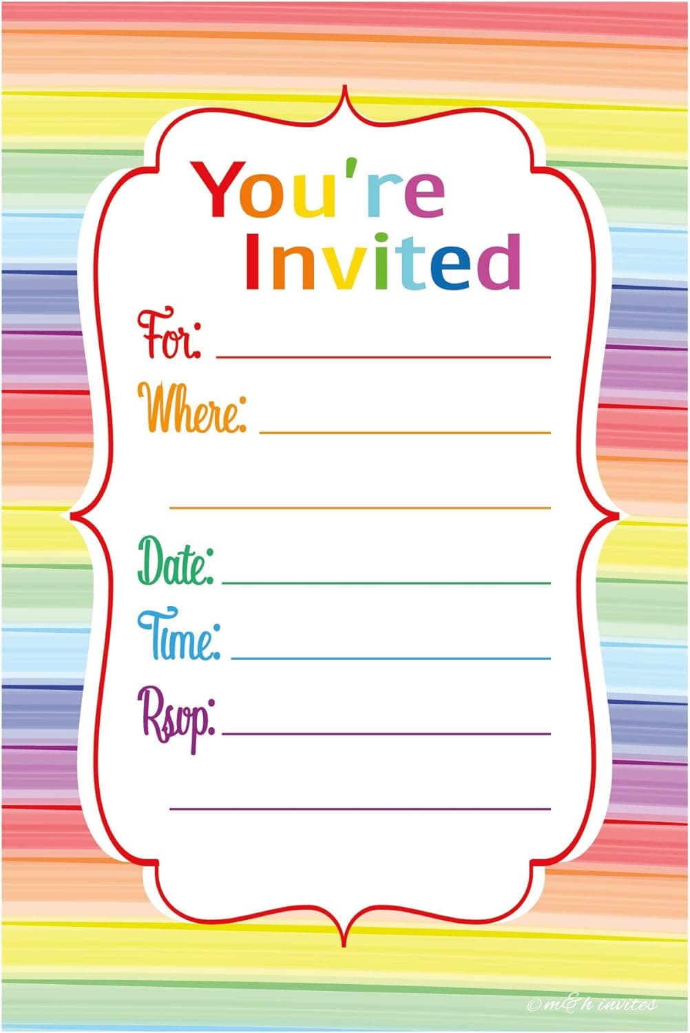 Colorful Rainbow Party Invitations - Fill In Style (20 Count) With Envelopes