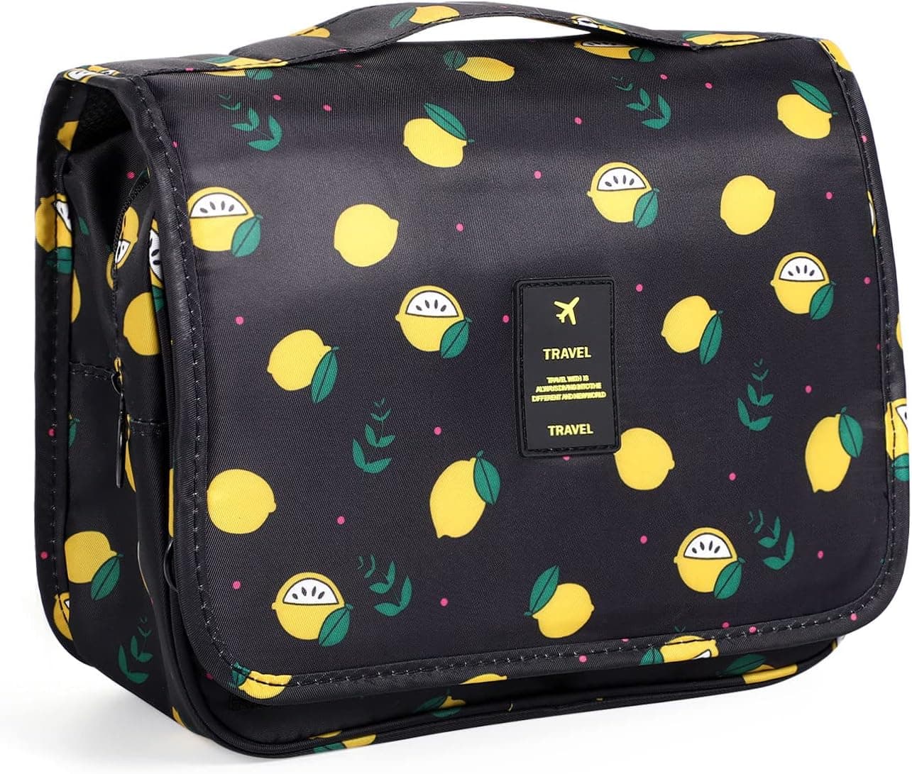 Pengxiaomei Toiletry Bag, Waterproof Hanging Cosmetic Bag Portable Travel Makeup Pouch Multifunction Handle Travel Toiletry Bag Organizer with Hook for Women Girls (Navy Blue Lemon)