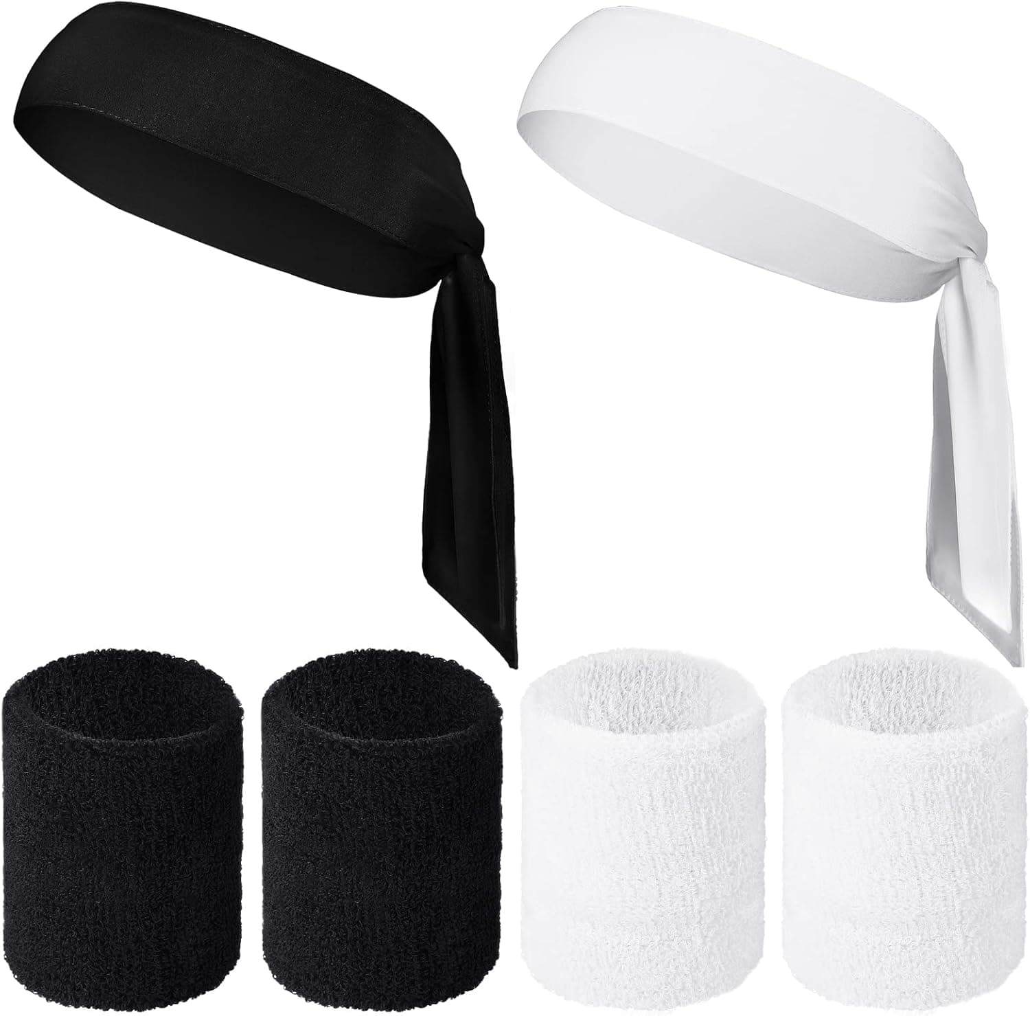 6 Pieces Tennis Tie Sweatbands Wristbands Set, Includes 2 Pieces Dry-Fit Head Tie Men Karate Headbands and 4 Pieces Moisture-Wicking Wristband for Adults Kids Yoga Running Sports