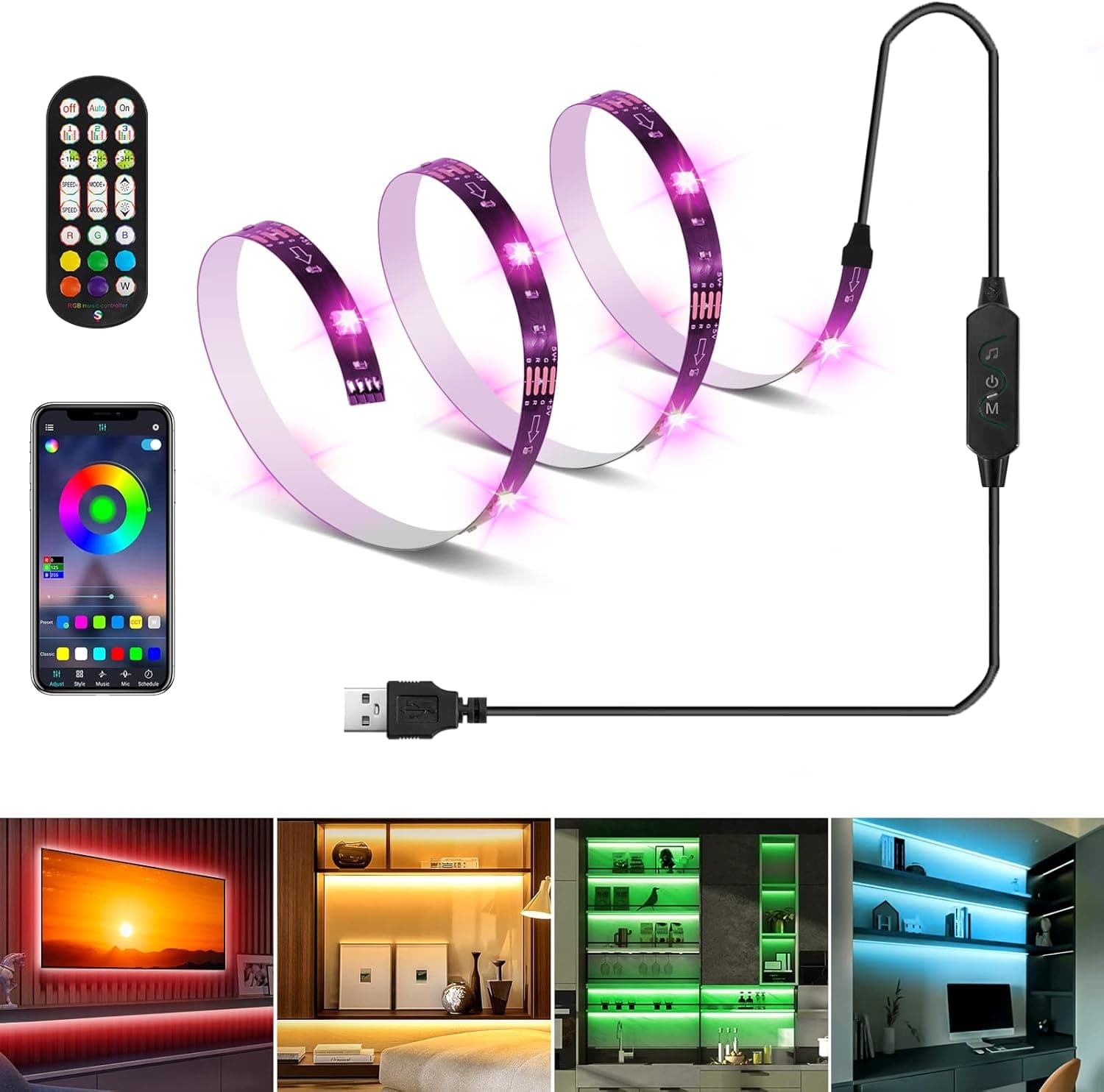 HOUHUI LED Strip Lights with Remote, 1.64ft RGB LED Lights Strip for TV LED Backlight, App Control 5050 4-Pin USB Bias Lighting for Desk, Available as USB Powered Accessory 4 or 6 Precut LED Strip