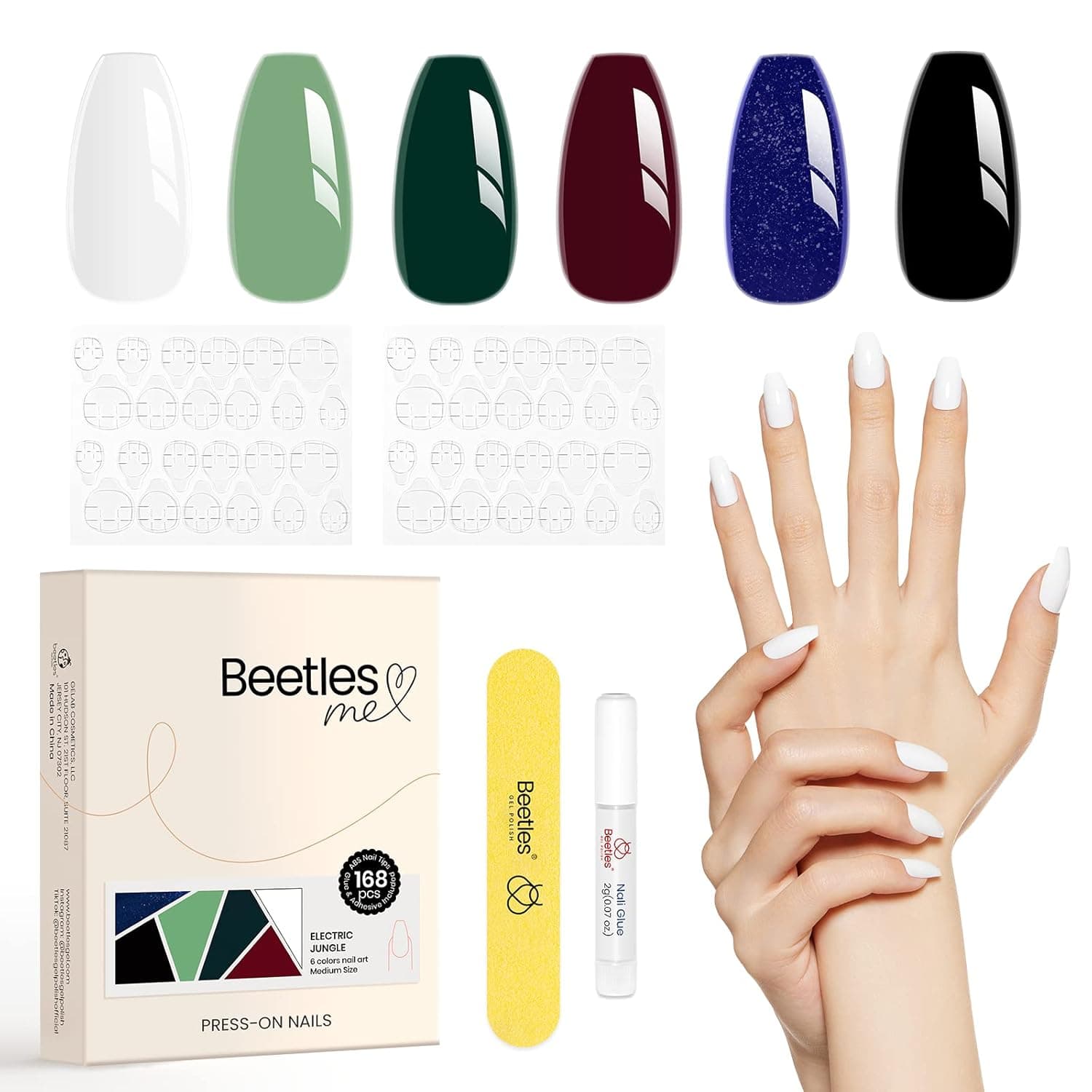Beetles Press on Nails Short Glossy 6 Solid Colors Fake Nails 144Pcs White Black Burgundy Red Green False Nails with Strong Nail Glue, Nail Adhesive Tabs and Mini File for Women Girls