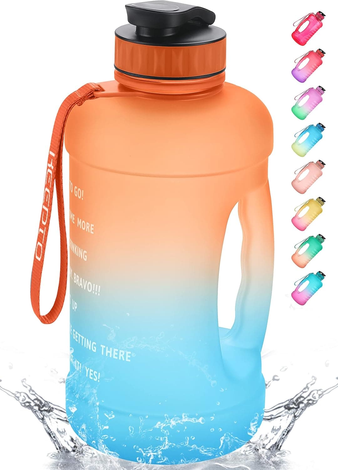 KEEPTO 64 oz Water Bottles with Times to Drink,BPA Free Motivational Gallon Water Jug with Straw,Orange/Sky Blue Ombre