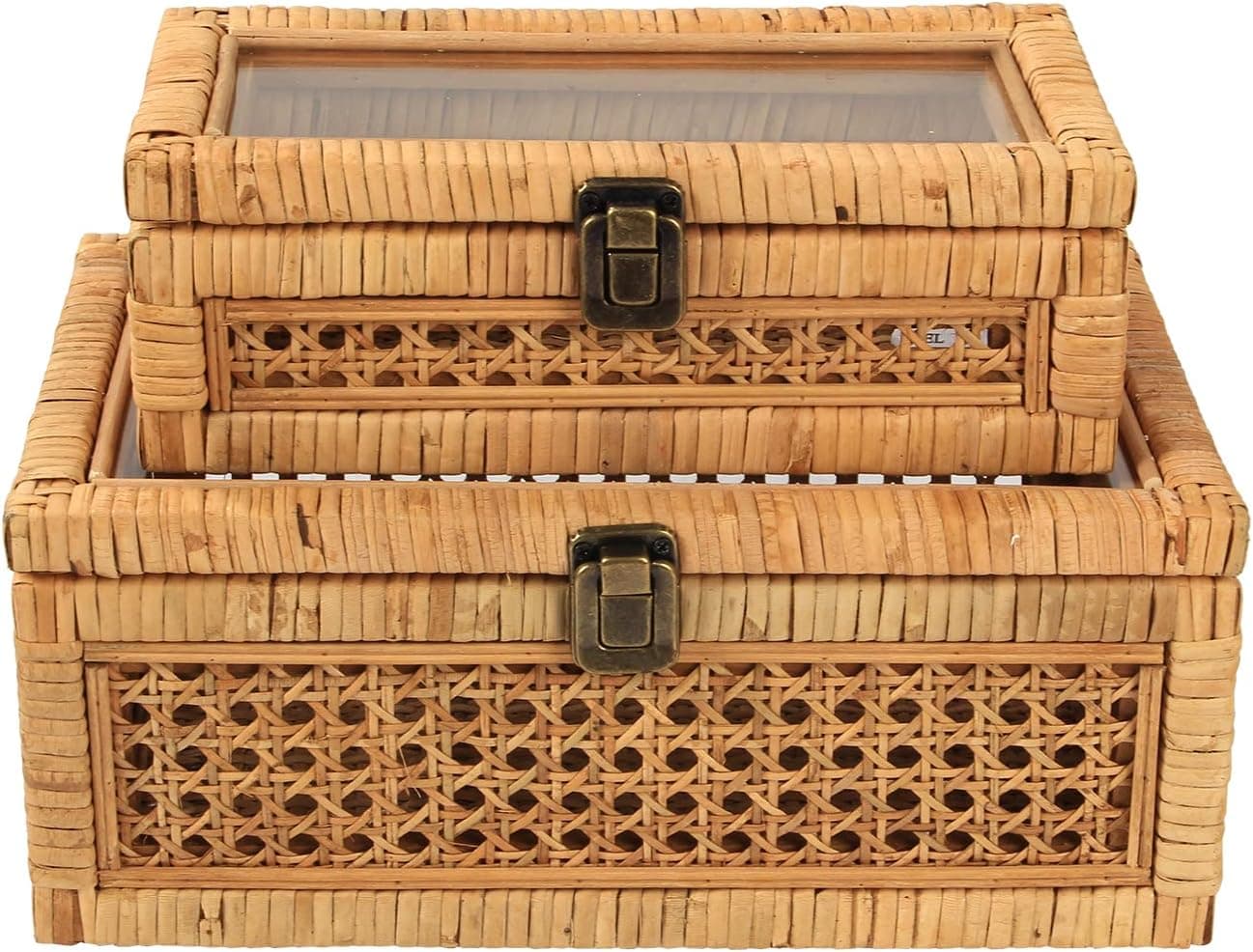 HUAXIN CRAFT H Rattan Box with Lids, Rectangular Woven Case with Glass for Display, Set of 2 Wicker Storage Decoration