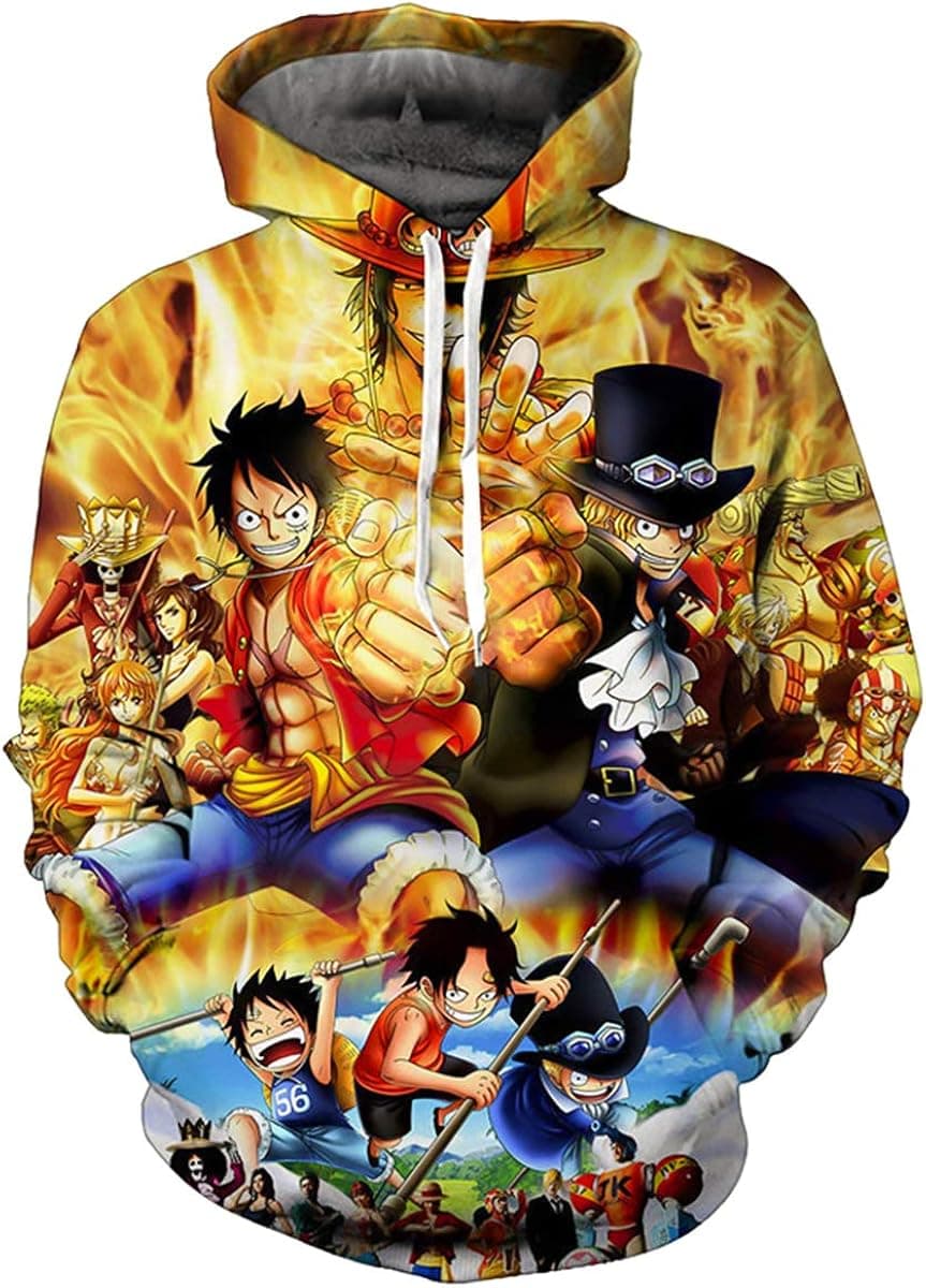 Lontse Novelty Anime 3D Printed Hoodie Luffy Ace Pullover Sweatshirt Hoodies for Men