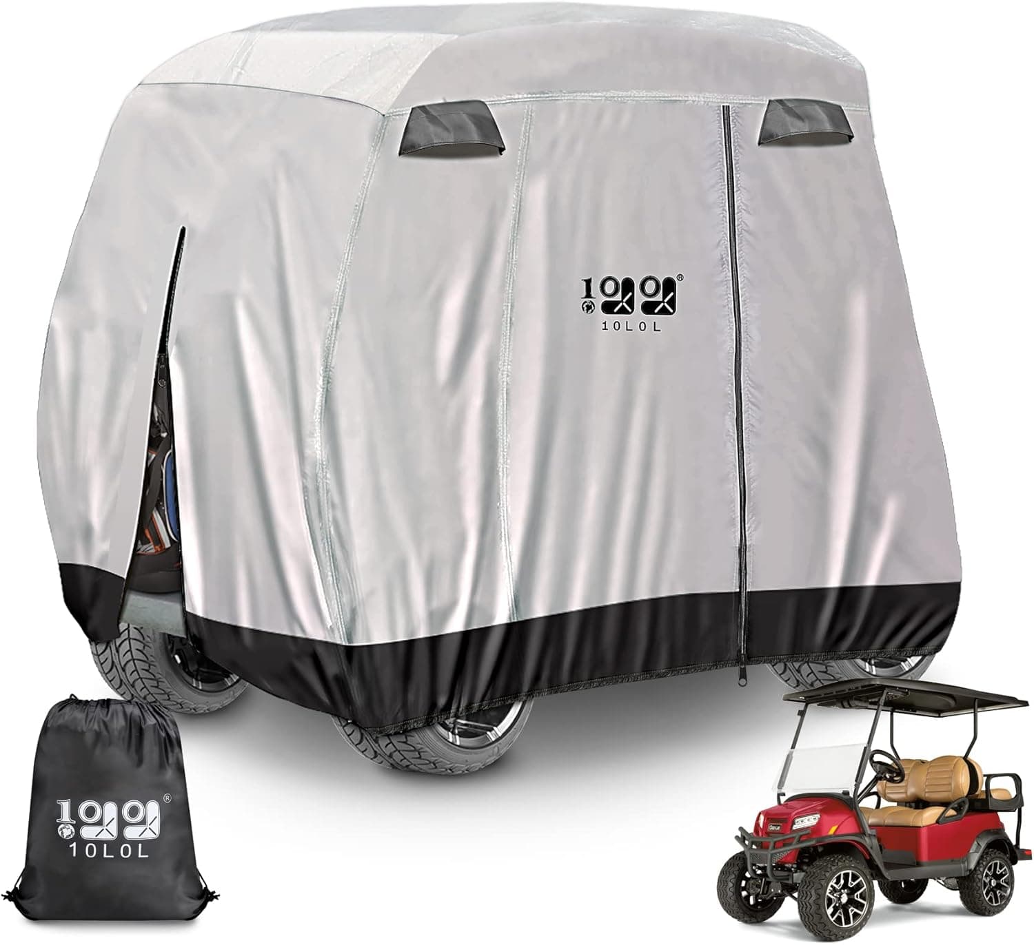 10L0L Golf Cart Cover, 2/4 Passenger Waterproof Golf Cart Storage Cover Roof 80" 3-zipper Design Easy Installation Universal Fits Lifted EZGO Club Car Yamaha Golf Cart Sunproof Dustproof and Durable