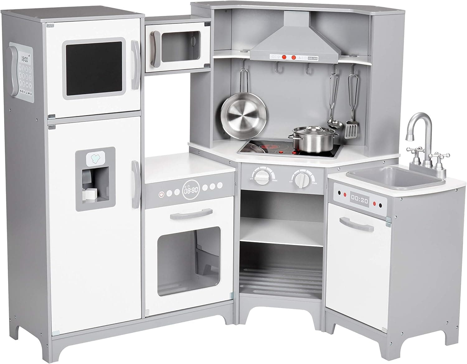 Amazon Basics Kids Corner Wooden Kitchen Playset with Interactive Doors, Knobs, and Lights, White/Gray, Gift for Age 3Y+