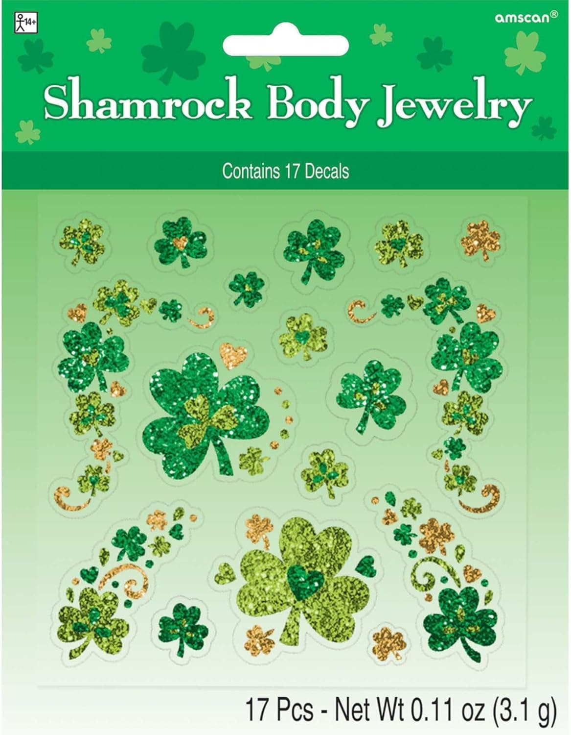 Amscan St. Patrick's Day Shamrock Glitter Body Jewelry Party Decor, One Size, Multicolor