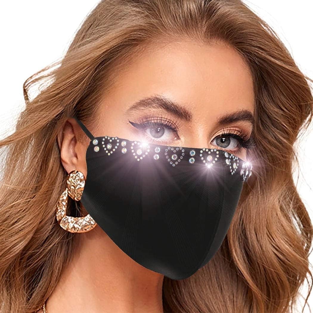 Urieo Sparkly Rhinestone Face Mask Black Cotton Face Masks Bling Crystal Masquerade Face Cover Reusable Washable Party Nightclub Daily Use for Women and Girls