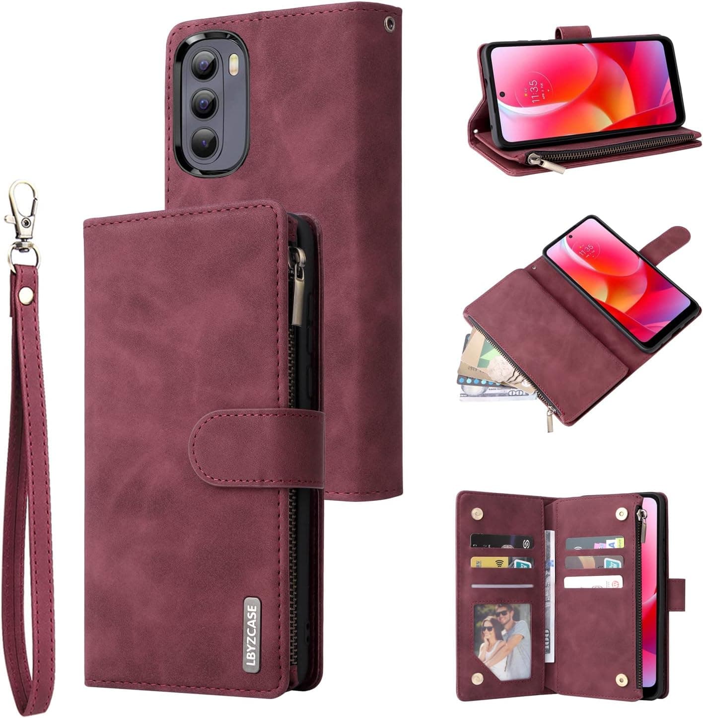 LBYZCASE for Moto G Stylus 5G |2022| Case with Card Holder,Durable Luxury Magnetic Folio Flip Leather Zipper Pocket Wrist Strap Kickstand Women Men for Motorola Moto G Stylus 2022 5G-Wine Red