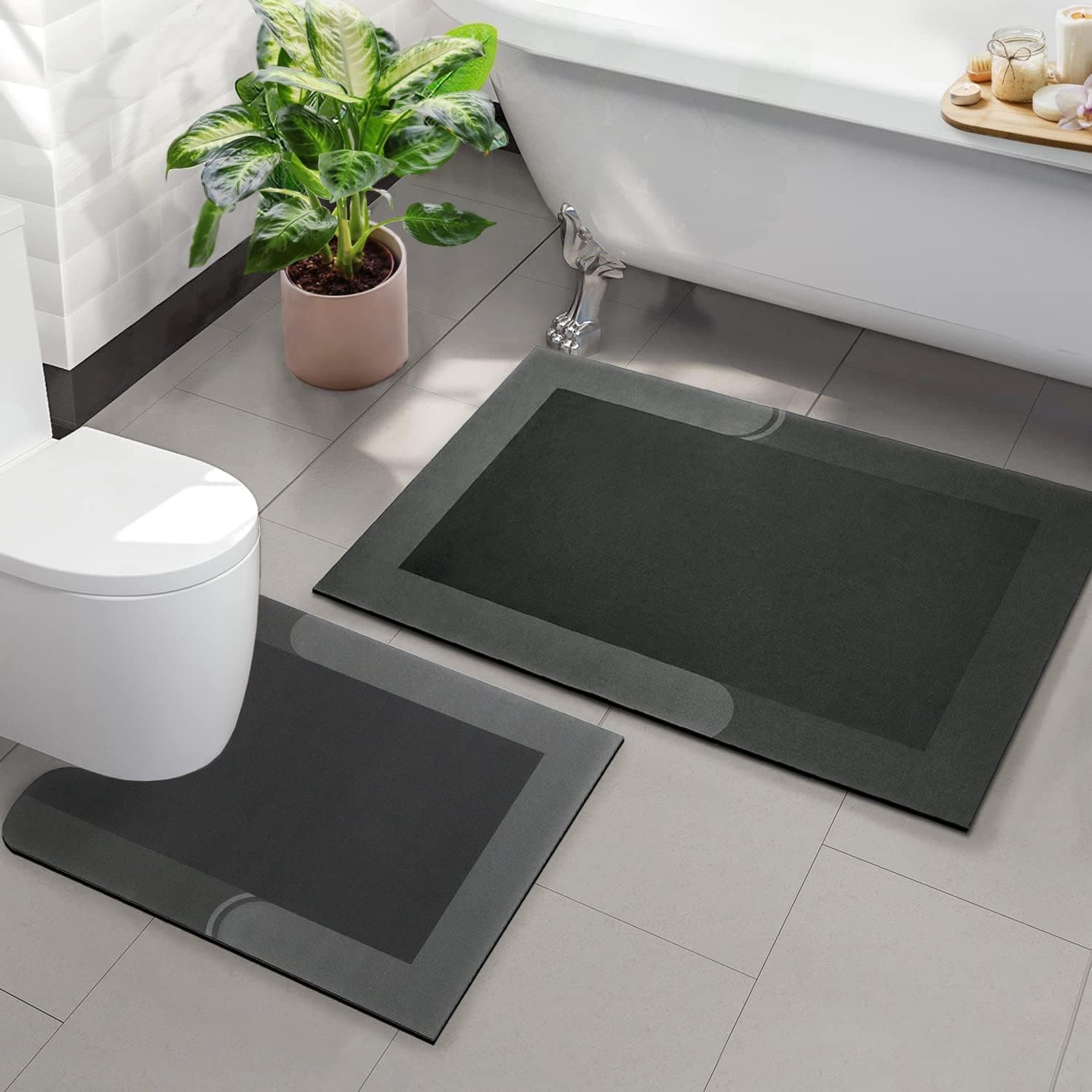 Kmson 2 Piece Bath Mat Set Bathroom Rugs with U-Shaped Mat, Napa Skin Non Slip Ultra Soft and Super Absorbent Diatomite Bath Carpet, Dirt Barrier Quick Dry Floor Door Mat Kitchen Rug Black