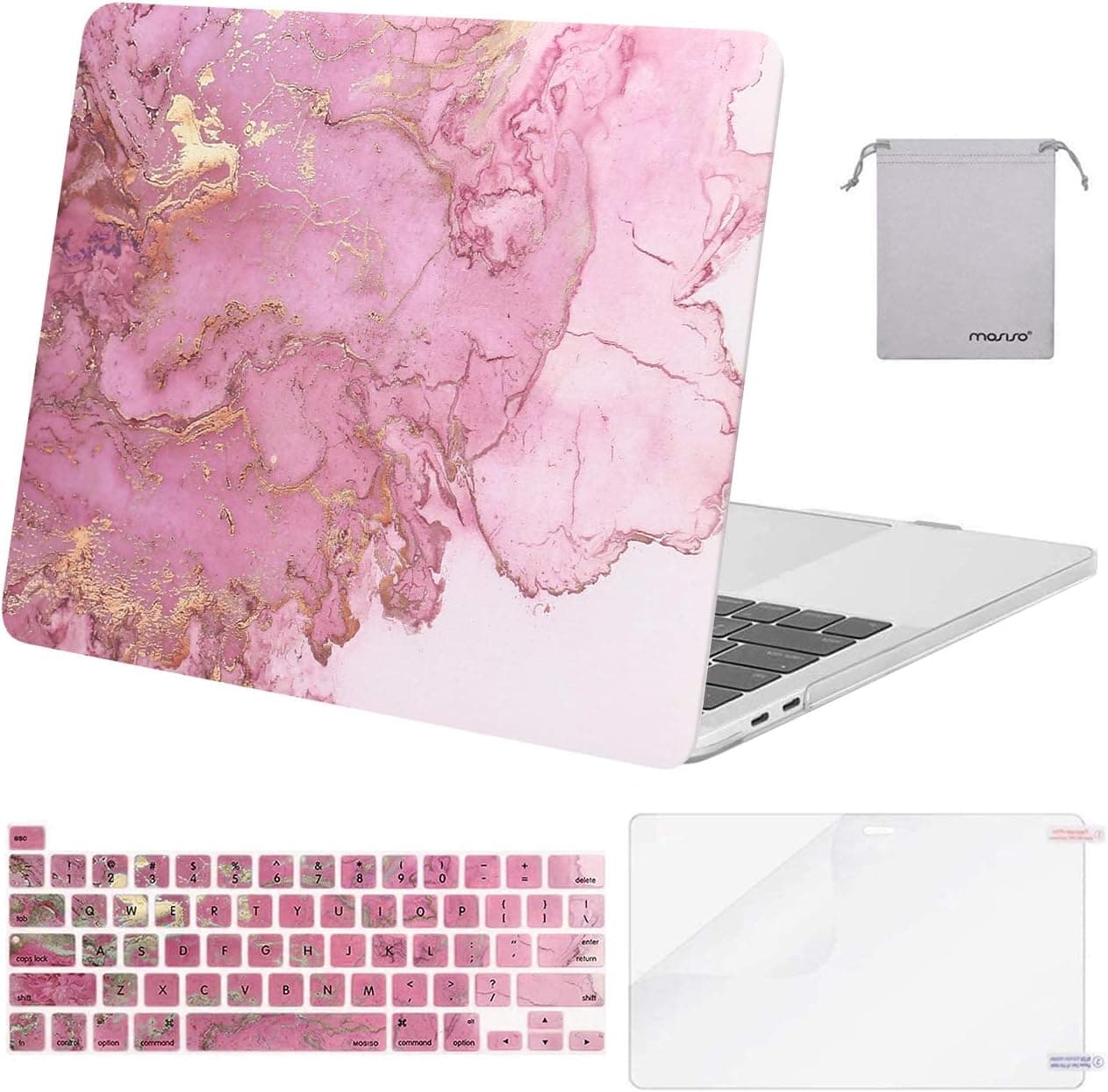 MOSISO Compatible with MacBook Pro 13 inch Case M2 2023, 2022, 2021-2016 A2338 M1 A2251 A2289 A2159 A1989 A1708 A1706,Plastic Watercolor Marble Hard Case&Keyboard Skin&Screen Protector&Pouch, Pink