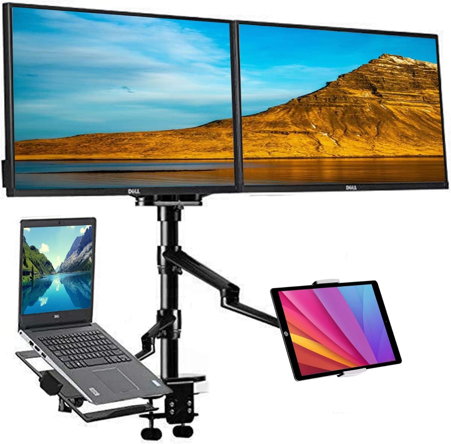 4 arm Height Adjustable Desk Bed Holder Mount Stand for 10 to 17 inch Laptop and Double Monitor(11-27 inc),Compatible with MacBook,Ipad Pro Ipad Air,IPad Mini, Tablets 9 to 13 inch (Black)