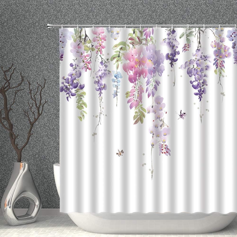 AMNYSF Watercolor Floral Decor Shower Curtain Pink Purple Wisteria Spring Flower Butterfly Nature Scenery Fabric Polyester Bathroom Curtains with Hooks 90x70 Inch