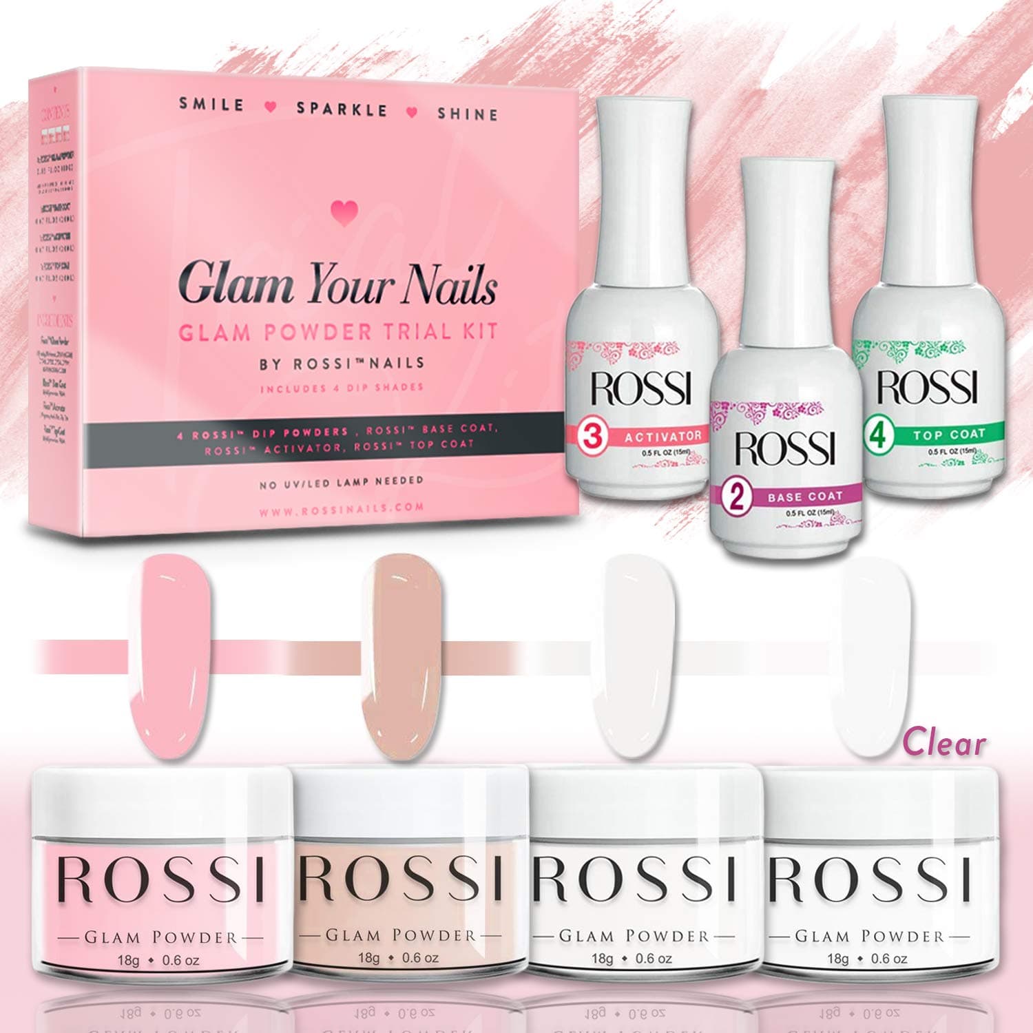 ROSSI Nails Dipping Powder 4 Color Kit | French Nail Manicure Nail Art | Glam Powder Trial Kit (Dream in Pink)
