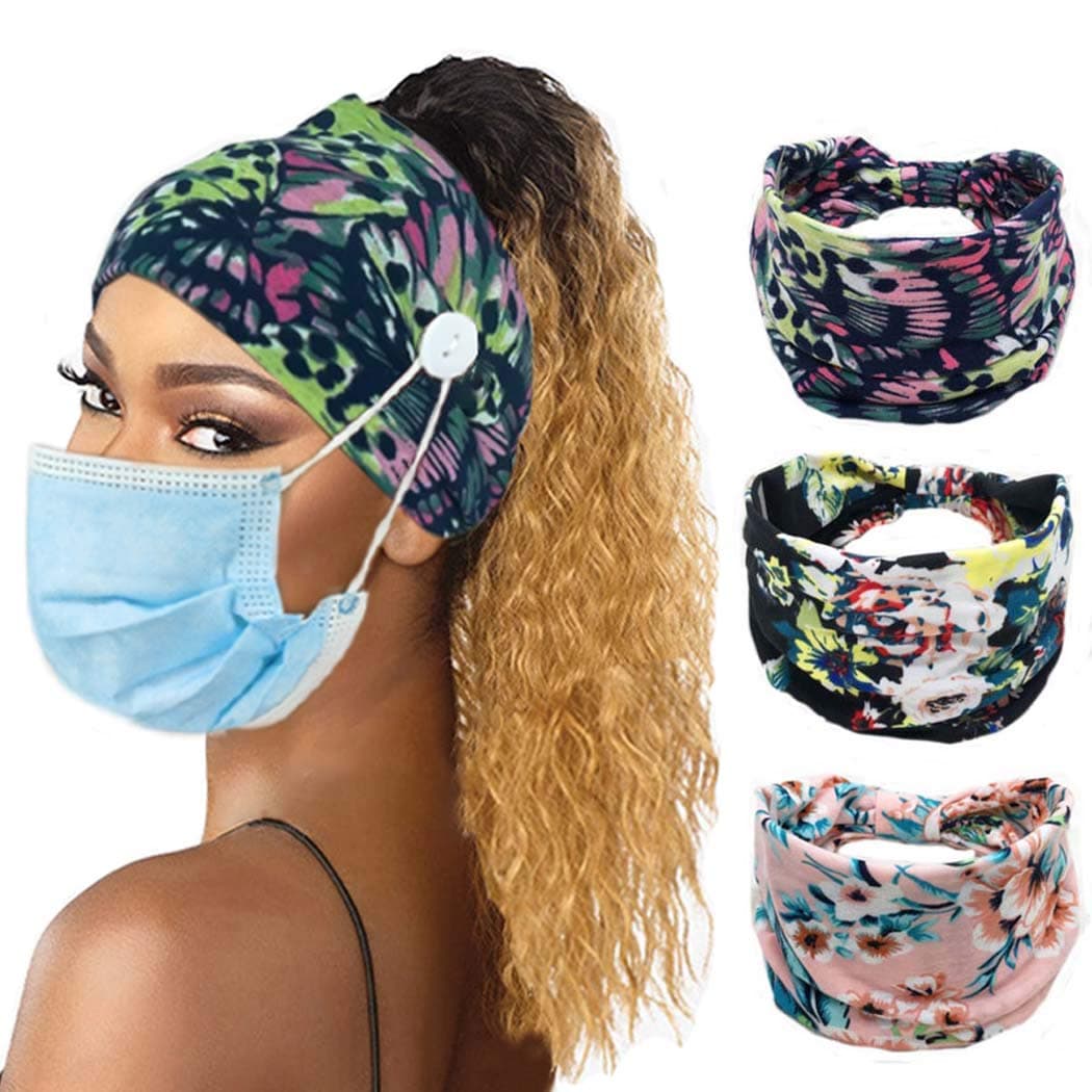 Women Boho Headband Wide Button Nurse Mask Boho Elastic Sports Headwear Yoga Ear Saver Hair Band Workout Headwrap (3)