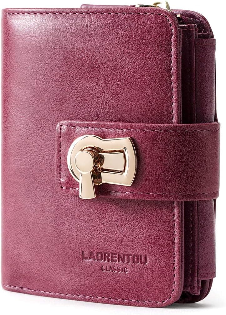 LAORENTOU Cow Leather Small Wallets for Women, Ladies Cute Zipper Purses Credit Card Holders Trifold Wallets for Women Coin Purses (01 Purple)