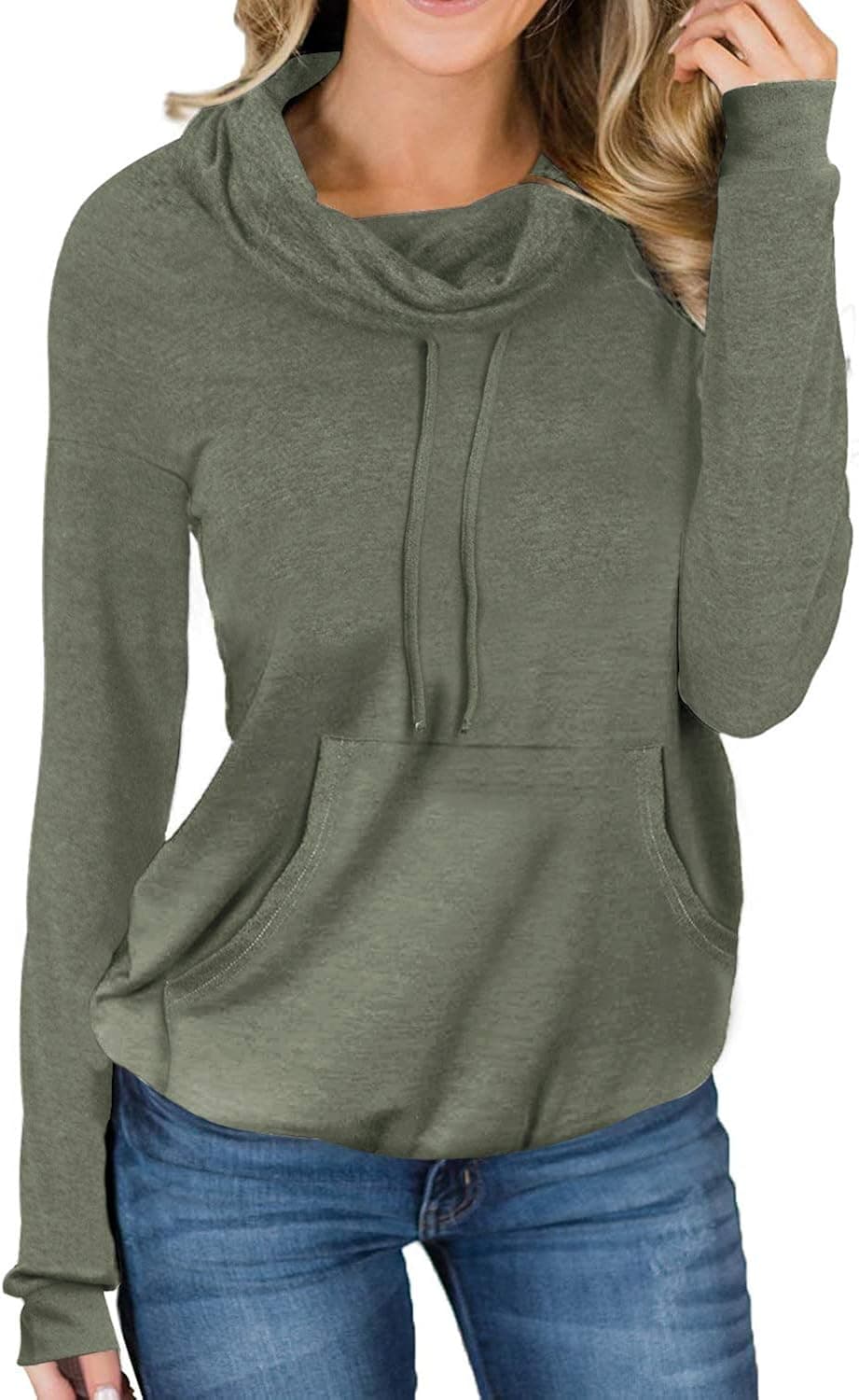 Davenil Women's Sweatshirts with Pocket Cowl Neck Sweaters Long Sleeve Pullover Casual Loose Tops with Drawstring