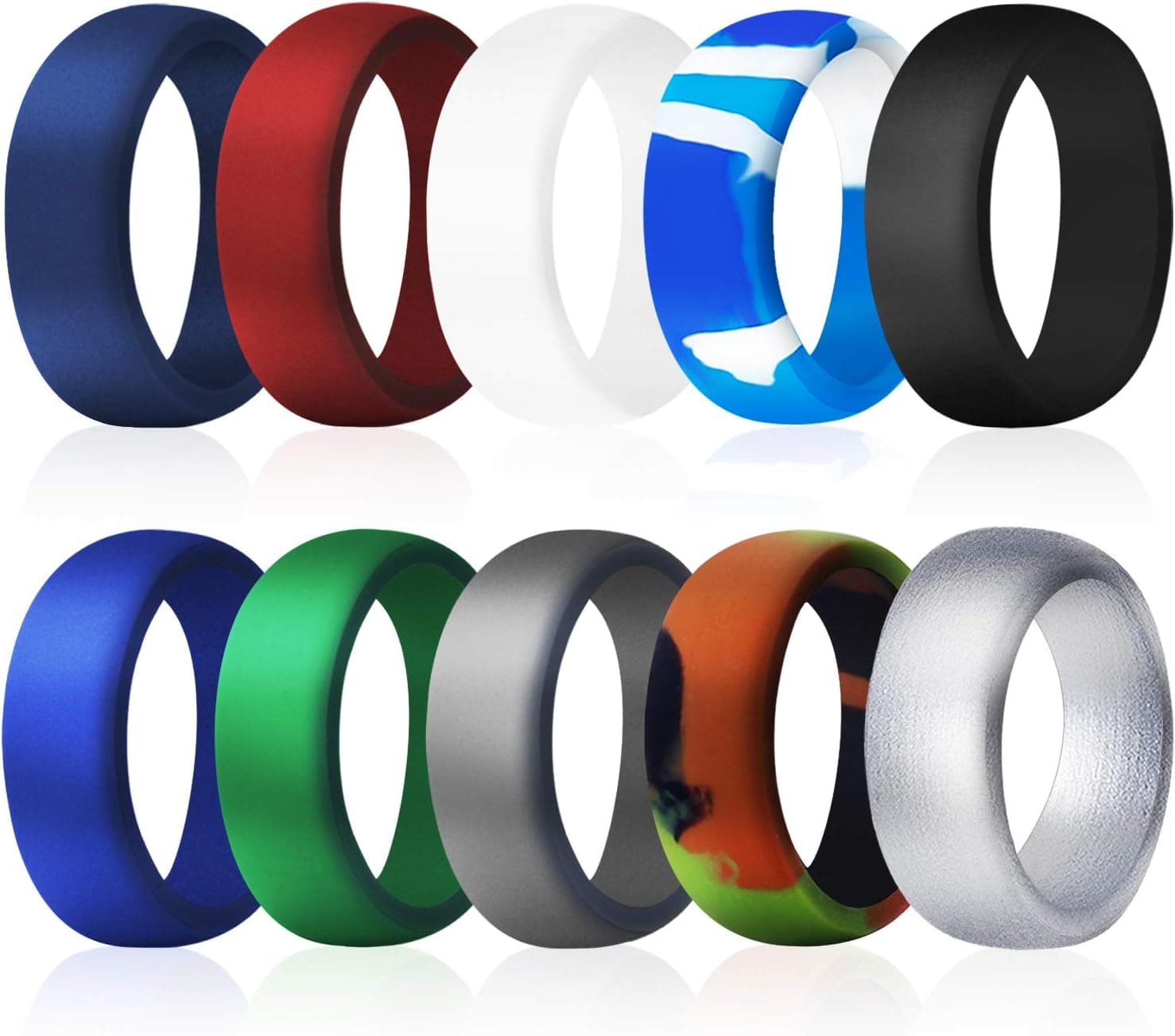COOLOO Silicone Wedding Ring for Men, 10 Pack Affordable Silicone Rubber Wedding Bands Durable Comfortable Rings, Black White Blue Silver Gray