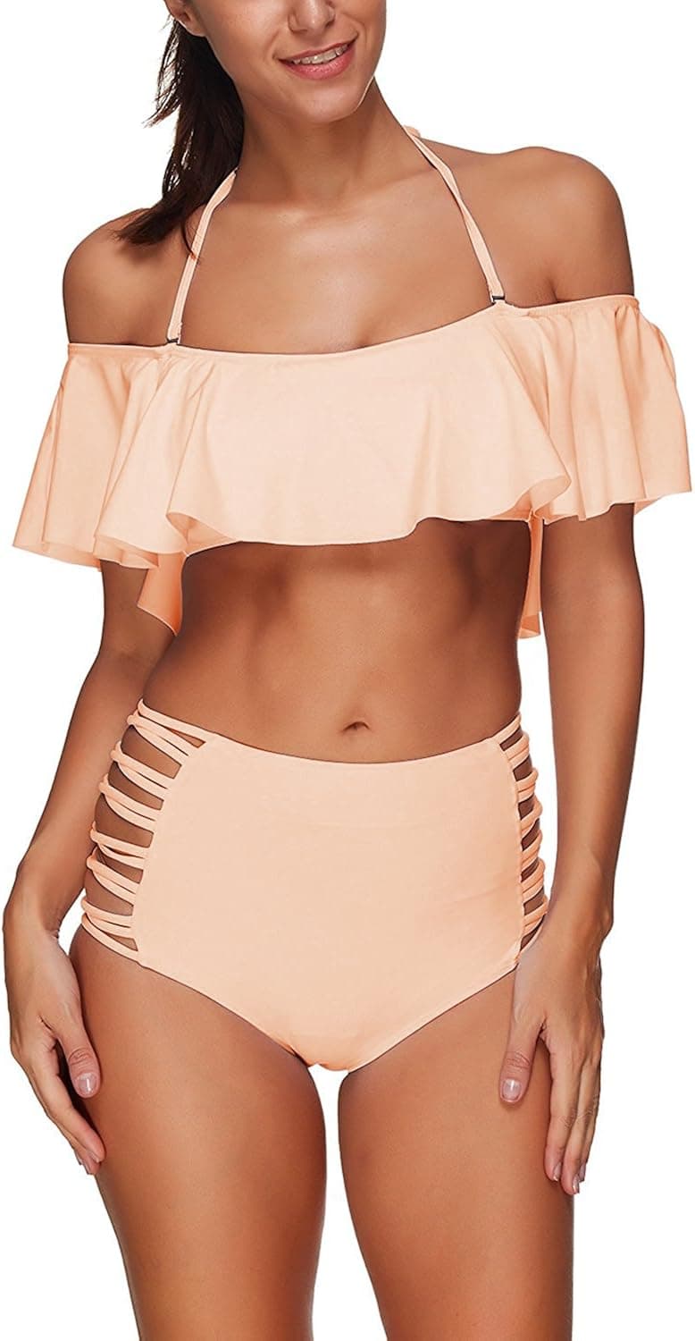 Memory baby Women's Ruffle Swimsuits Off Shoulder Two Piece Bikini Set Tankini Top with High Waisted Bottom …