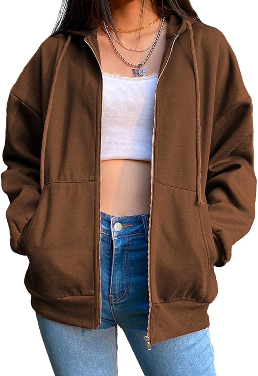 Women Vintage 90s Solid Zipper Front Oversized Long Sleeve Brown Sweatshirts Hoodies with Pockets