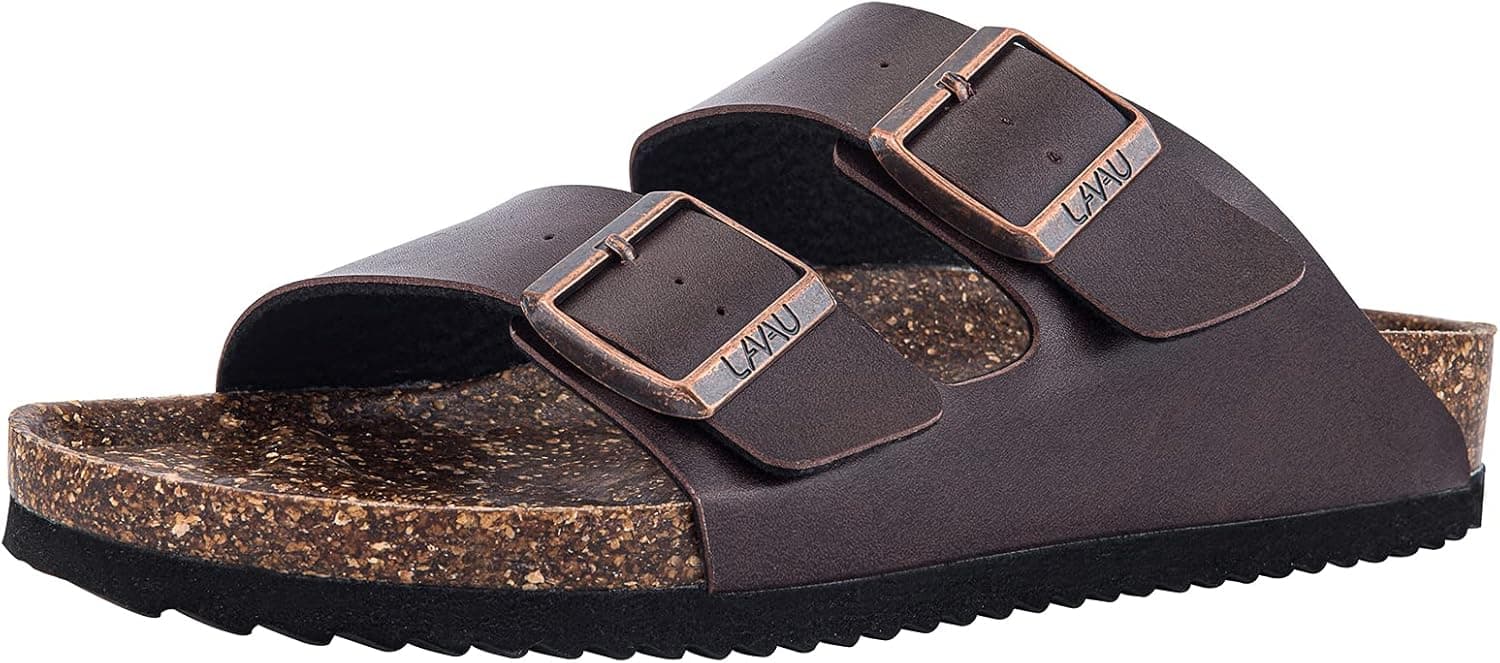 LAVAU Women Arizona Two Strap Sandals Cork Leather Slip on Flat Slides with Footbed and Buckle DCBK02-W-luozong-10