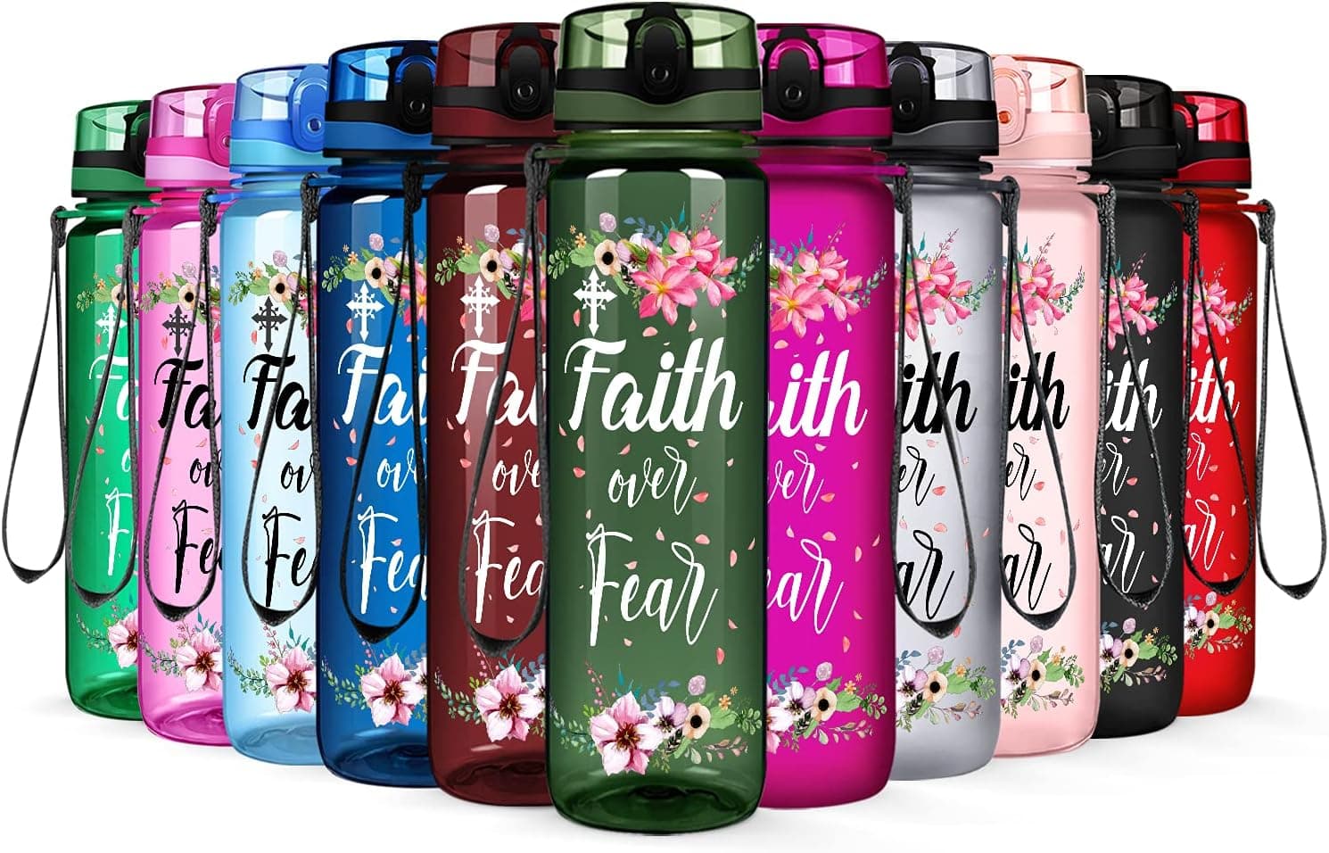 Faith Over Fear Army Green Gloss 32 oz 1 Liter Motivational Tracking Sport Faith Water Bottle with Time Marker for Women, Men, Workouts, Fitness