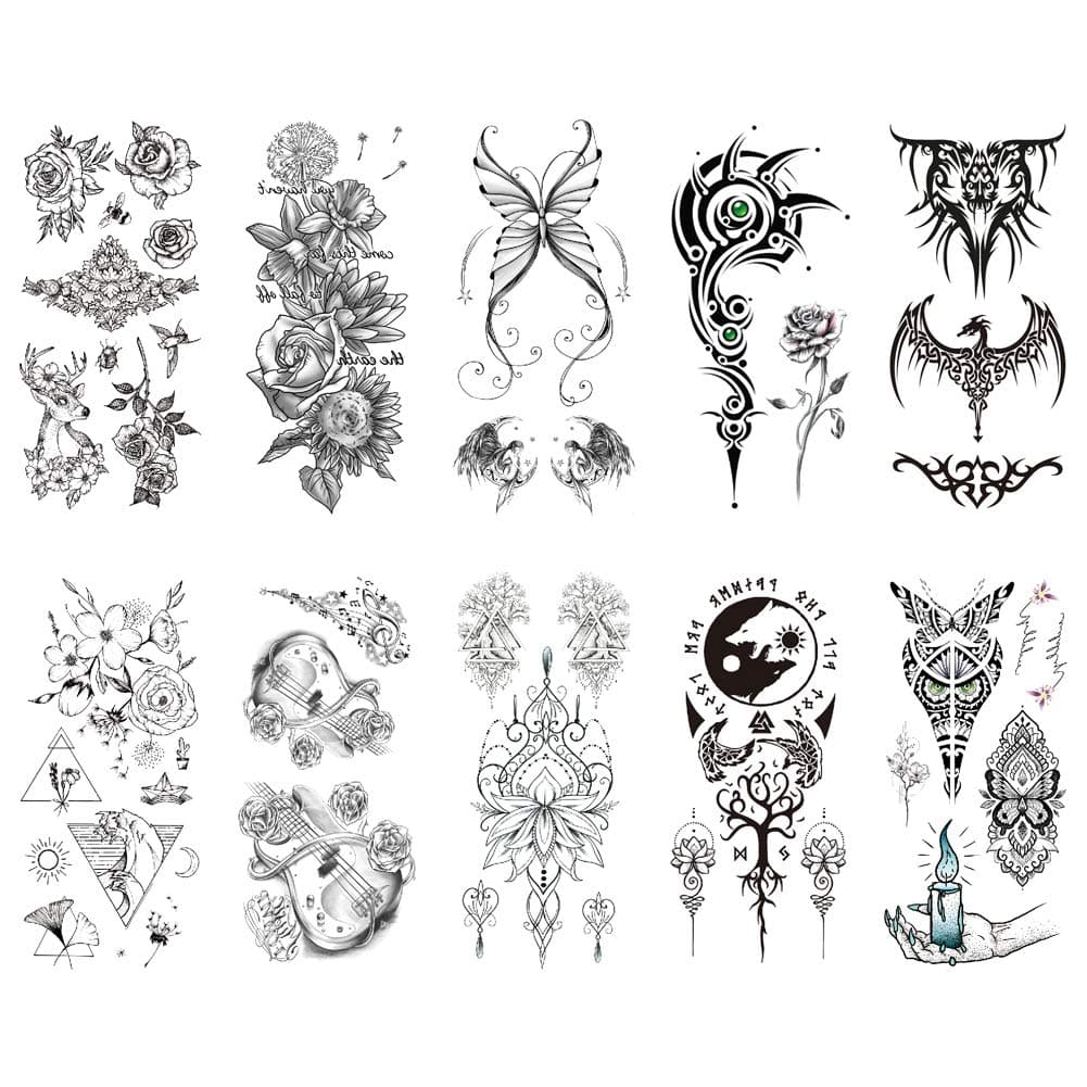 TAFLY Women Black Flowers Tattoo Transferable Fake 3D Body Art Tatoos Neck Arms Leg Sleeve Rose Temporary Tattoo Sticker 10 Sheets