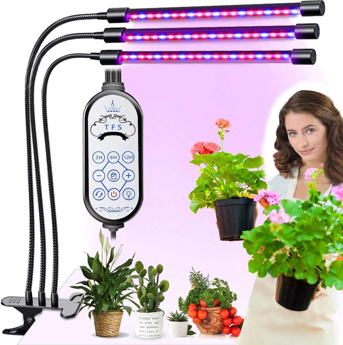 LED Grow Light for Indoor Plant - 60W Tri Head On Desk Plants Growing Lamp with 6 Dimmable Levels Auto Timer Perfect for House Garden Hydroponics Succulent Red Blue Spectrum Clip Adjustable Gooseneck