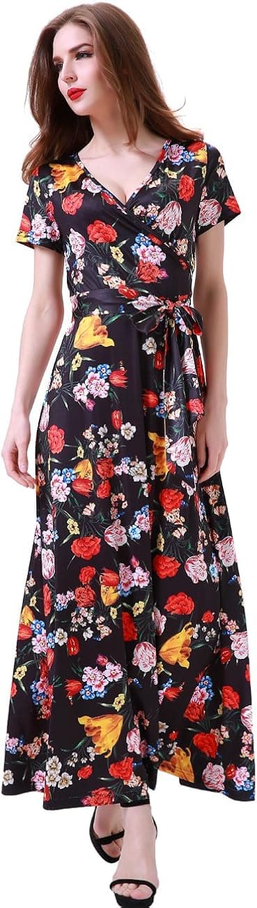 Melynnco Women's Short Sleeve Faux Wrap V Neck Cute Summer Floral Maxi Dress