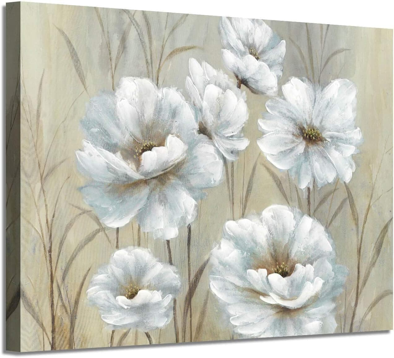 ARTISTIC PATH White Flowers Canvas Wall Art: Yellowish Peony Artwork Floral Picture Painting for Living Room (36" W x 24" H,Multi-Sized)