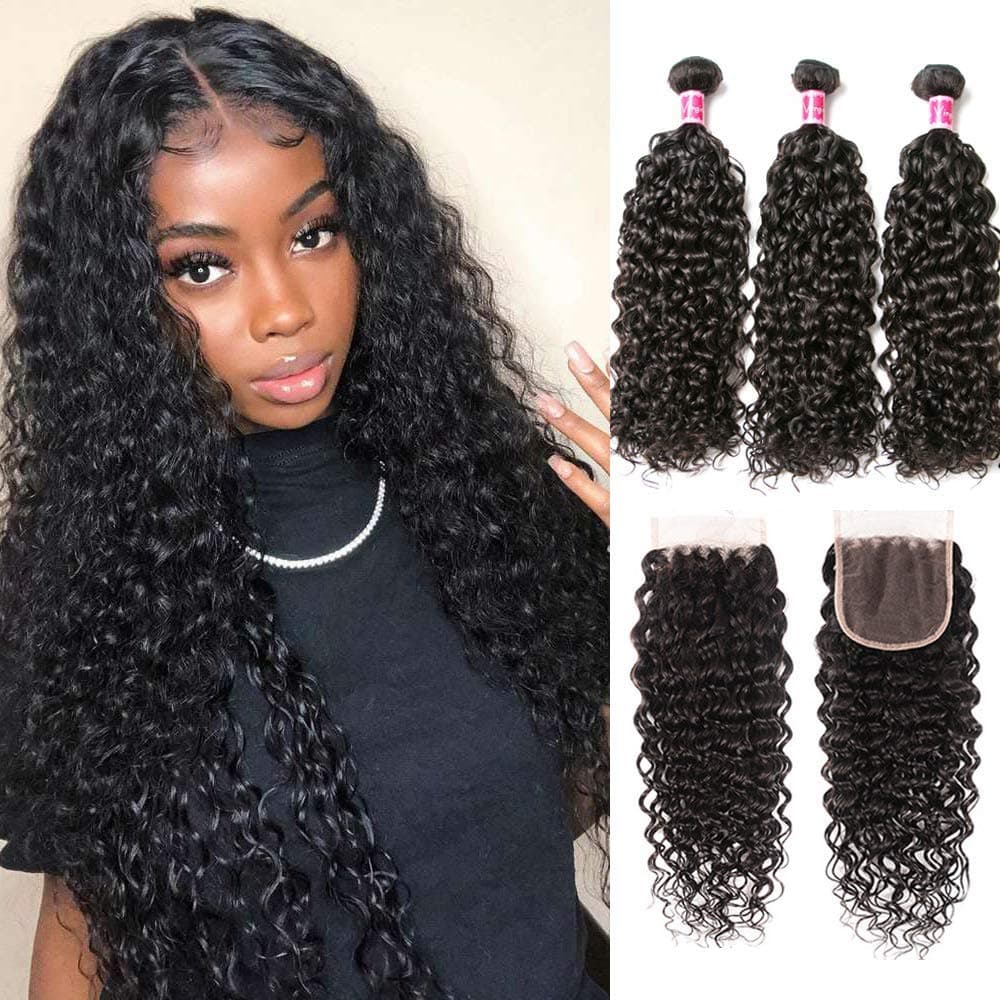 Water Wave Bundles with Closure Unprocessed Virgin Human Hair Lace Closure with Bundles Water Wave Hair 4 Bundles with Closure Full Lace Closure 4x4 Free Part Natural Color(20 22 24 26+18)