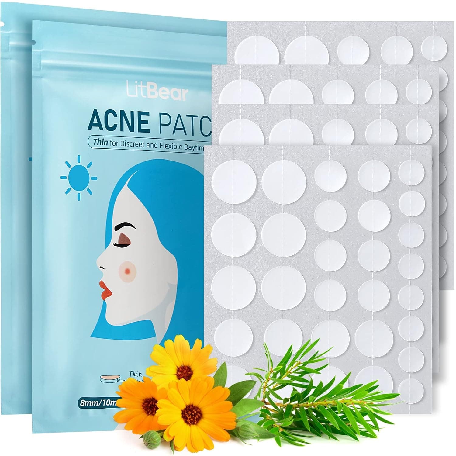 LitBear Acne Patch Pimple Patch, Invisible Hydrocolloid Acne Patch with Tea Tree & Calendula Oil, Pimple Patches for Face Zit Patch Acne Dots, 4 Sizes 120 Patches