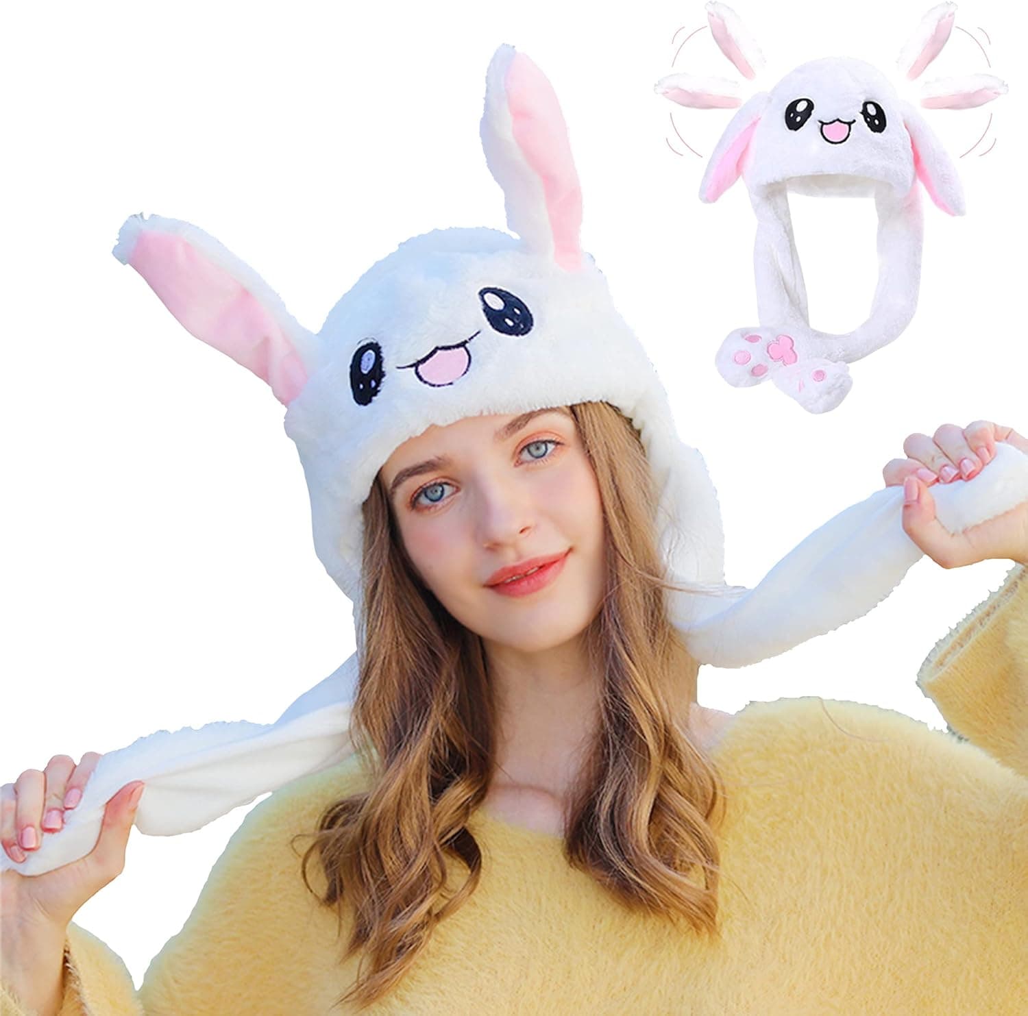 Bunny Hat Rabbit Hat Ear Moving Jumping Hat Funny Cute Plush Hat Cap for Women Girls, Cosplay Party Holiday Hat