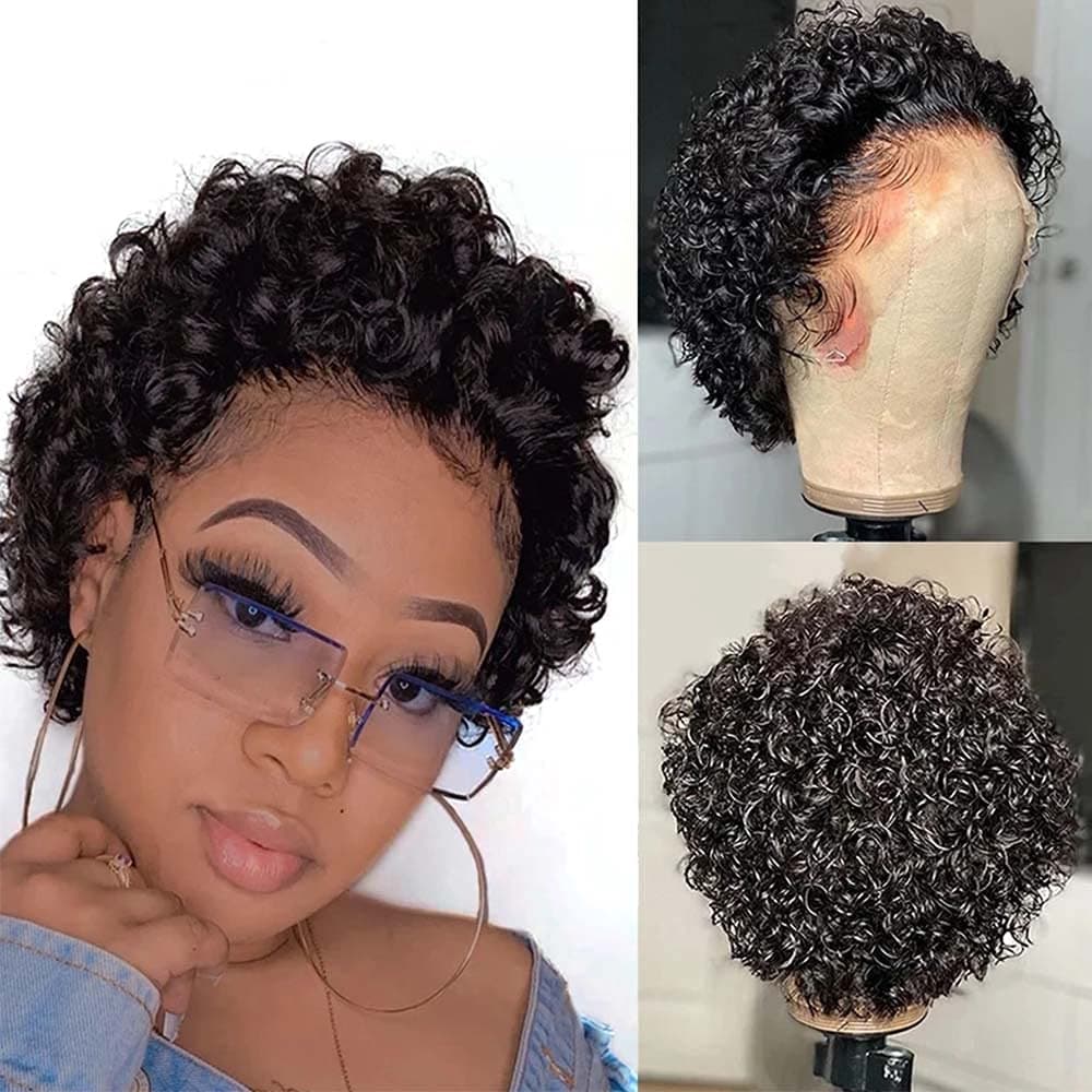 Hairytale 150% Density Curly Bob Lace Front Wig Human Hair Short Bob 13x6 T Part Lace Frontal Wigs Natural Black Pre Plucked with Baby Hair for Women (T Lace, 8 Inch)