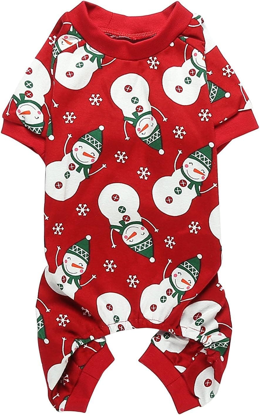 Lanyarco Cute Snowman Xmas PJS Cotton Pet Dog Christmas Outfit Pajamas for Medium Dogs, Large Red Back Length 20"