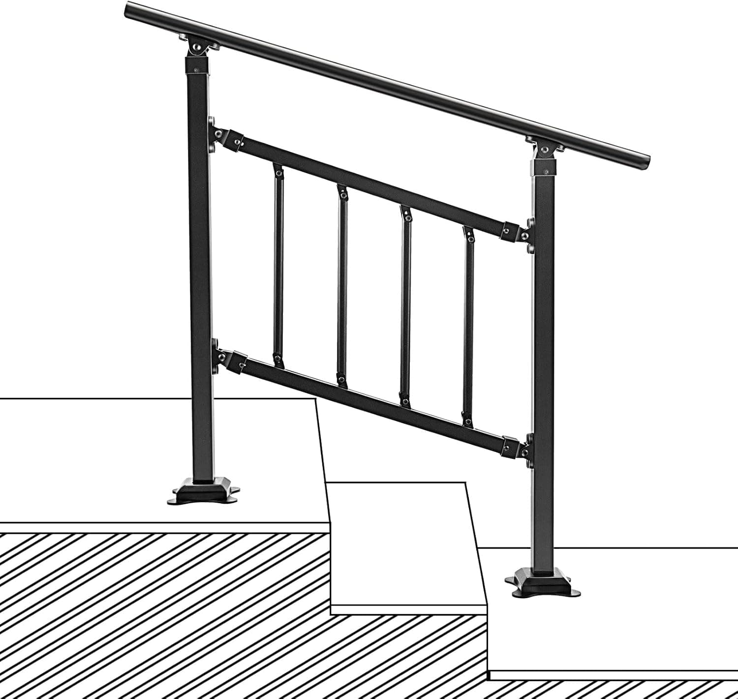 Wilkblck Outdoor Stair Railing Fit for 1-3 Steps with Fence Transitional Handrails for Outdoor Steps Wrought Iron Handrail Flexible Height Step Handrail with Installation Kit, Matte Black