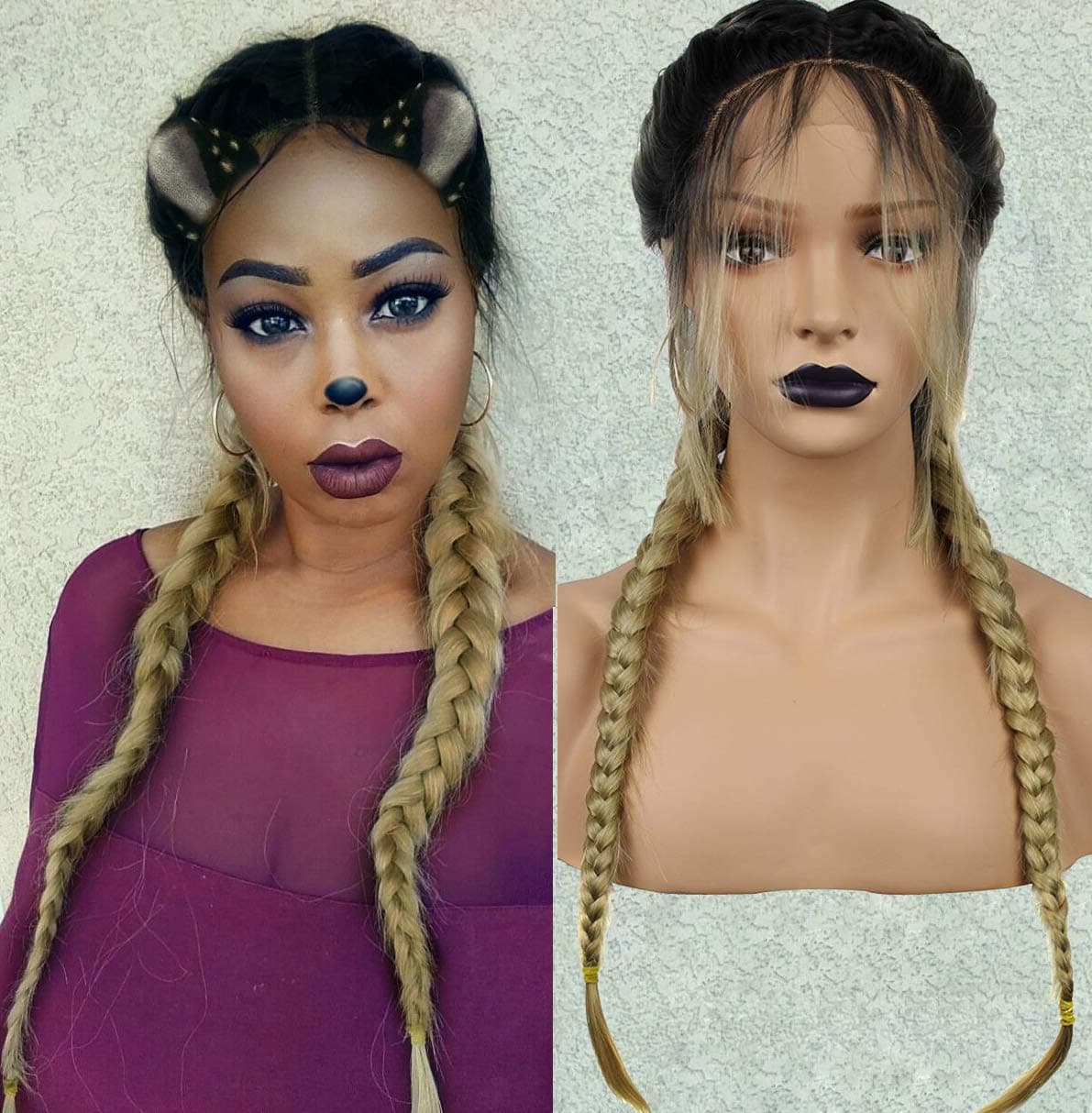 ANOGOL Hair Cap+ Braided Lace Front Wig with Braids Black Ombre Blonde Heat Resistant Synthetic Wigs with Baby Hair Pre-Plucked Hairline Hair Wig Braid for Women