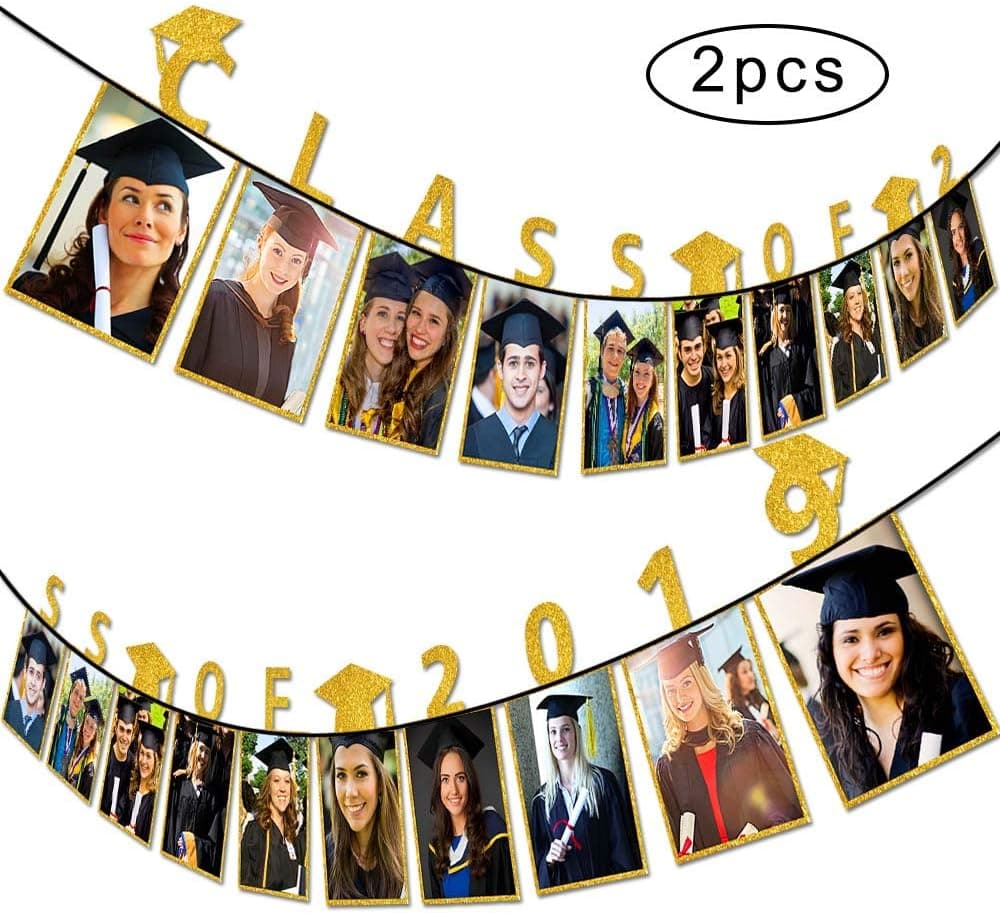 Grad Cap Photo Banner Garland,Congrats Graduation Party Supplies Decorations 2019,2 pcs