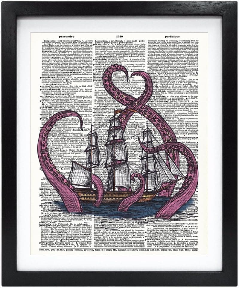 Susie Arts 8X10 Unframed Kraken Giant Squid Attack on Boat Upcycled Vintage Dictionary Art Print Book Art Print Home Decor Funny Prints Wall Art V143